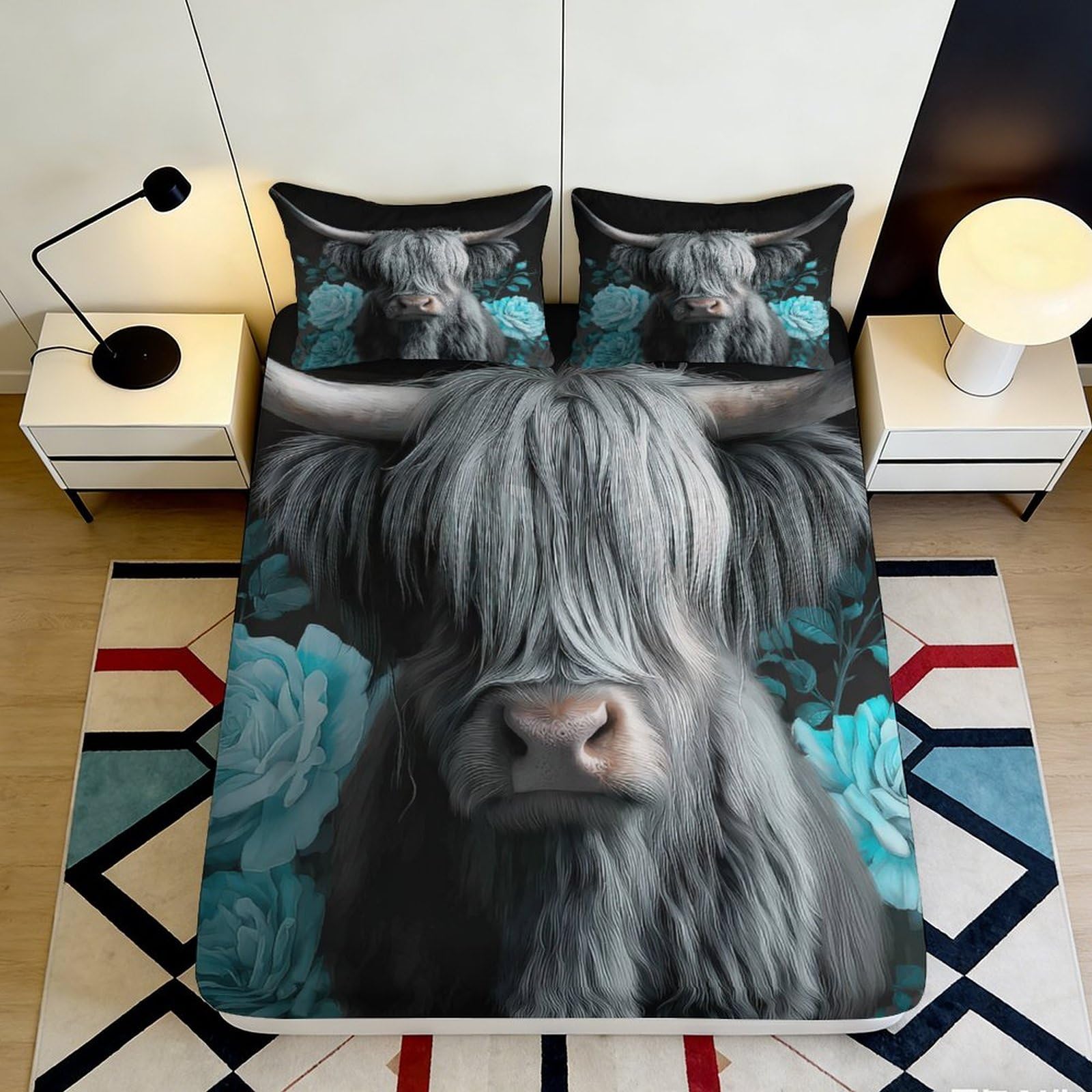3D Printed Highland Cow Fitted Sheet Microfiber Artistic Blue Pattern Mattress Cover for Bedroom Dorm Decor 90x200x25cm