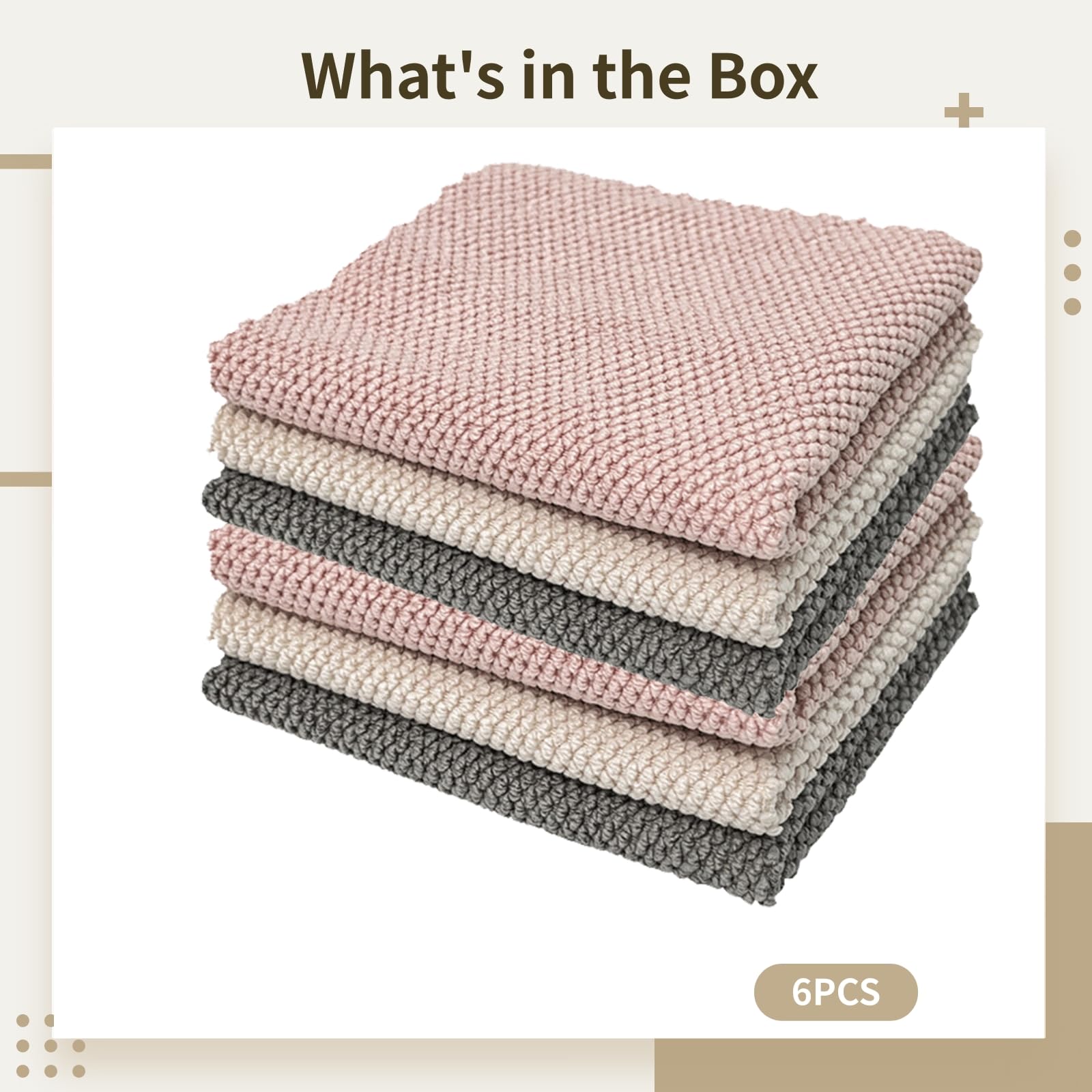 Generisch Panni per la pulizia della cucina, spessi e assorbenti, in microfibra, con occhiello per appendere, 30 x 40 cm, beige, grigio, rosa, confezione da 6