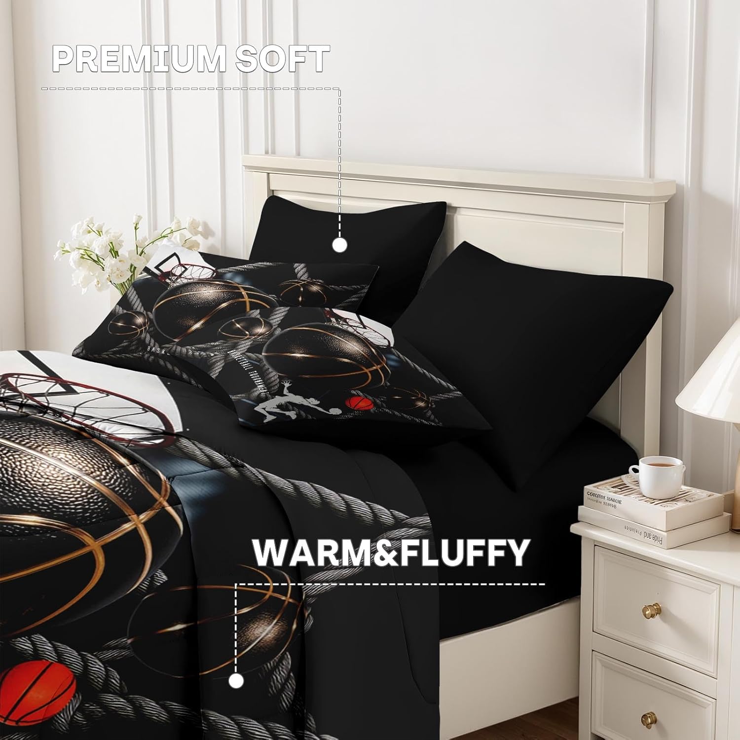 Nesker 7 Pcs Comforter Set Queen Size, Cool Basketball Game Bedding Set for Kids and Adults, Modern Ball Sports Bed Sheet Sets with Fitted Sheet 2 Pillowcases & 2 Shams