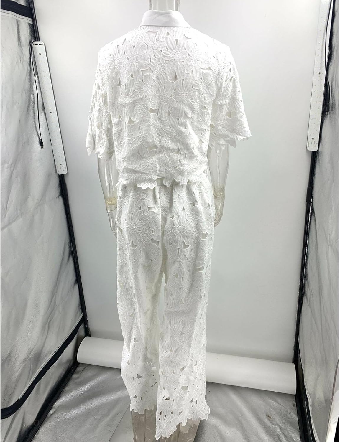 Elegance Floral Lace Cropped Shirt and Belt Pocketed Wide Leg Pants Set,Hollow Lace Women Sexy 2 Piece Outfits