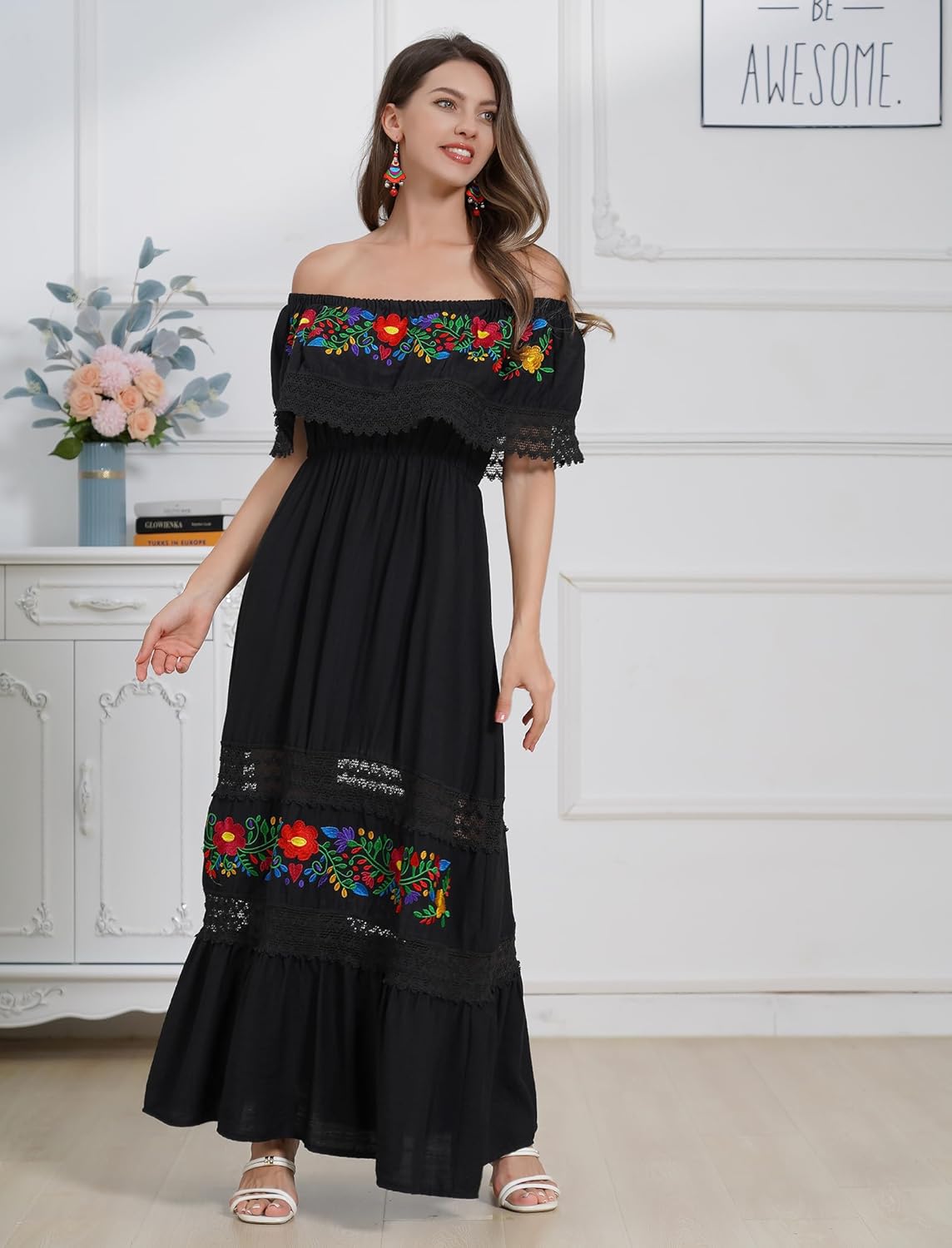 Mexican Dress for Women Floral Embroidered Off Shoulder Long Maxi Dress Summer Casual - Image 4