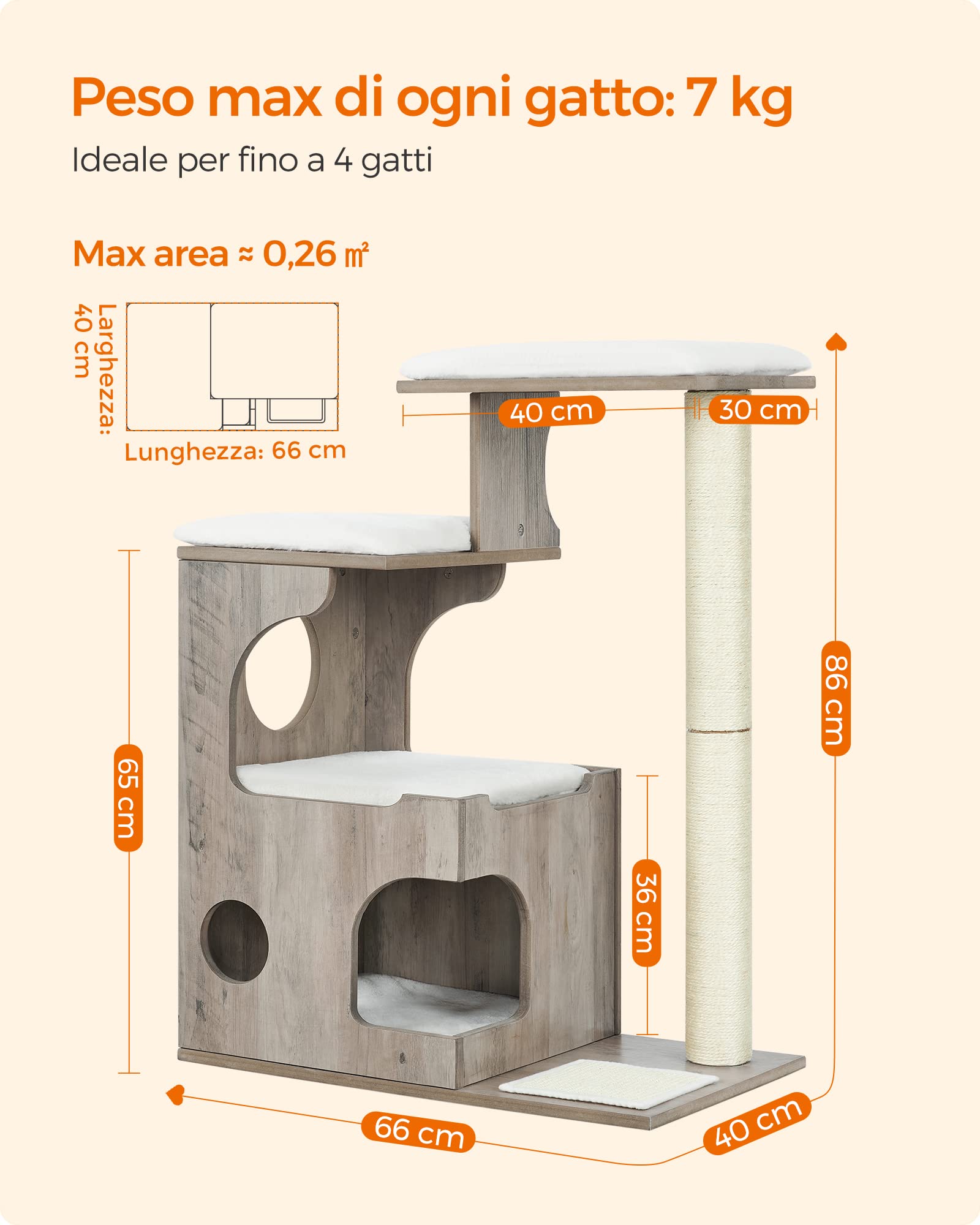 Feandrea Tiragraffi, Albero per Gatti di Truciolato Alto 86 cm, con Grotta, Posatoi, Colonna e Tappeto Graffiatoio in Sisal, Lavabili Tappeti in Pelliccia Sintetica, Greige Melange PCT070G01