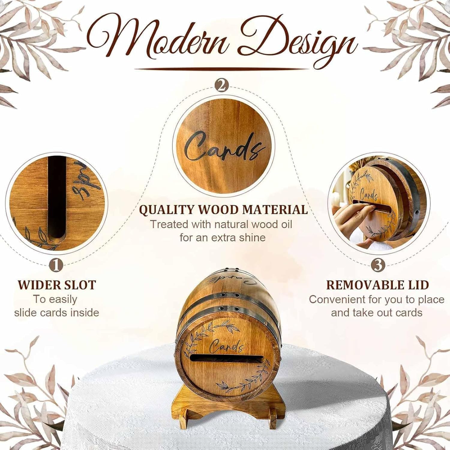 Boîte à Cartes de Mariage en Bois, Urne Mariage Boîte à Enveloppe de Cartes avec Fente et Support, Boîte de Rangement pour Cartes de Mariage en Forme de Baril de Whisky, pour Fête, Anniversair