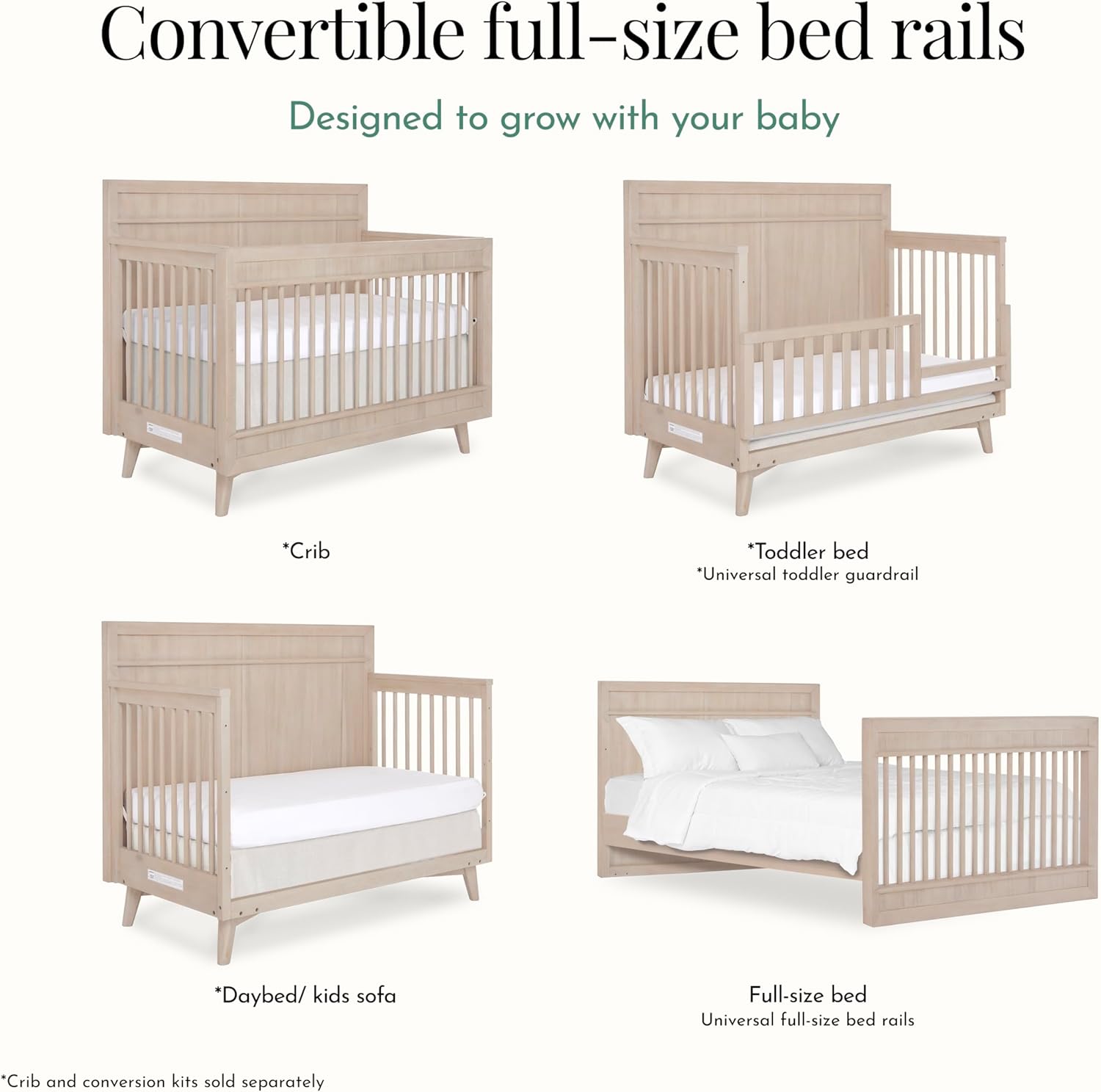 évolur Full-Size Bed Conversion Rails, Designed & Tested for évolur Cribs, Durable Hardwood Build with Secure Mattress Slats, Easy Assembly - Sand Castle Oak