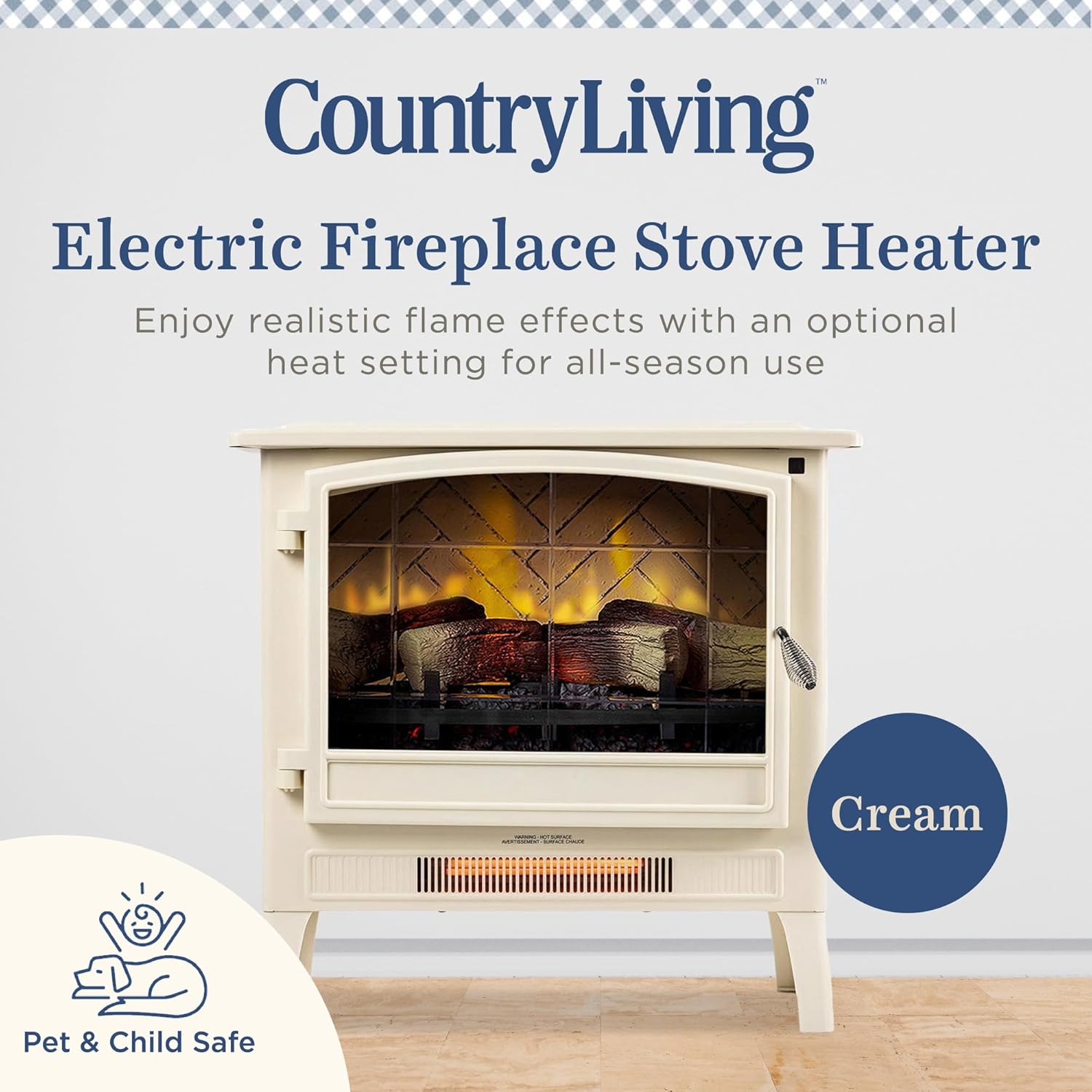 Country Living Infrared Freestanding Electric Fireplace Stove Heater in Cream | Multiple Flame Colors, Metal Design with Faux Wooden Logs | Alexa/WiFi Enabled - Remote Included