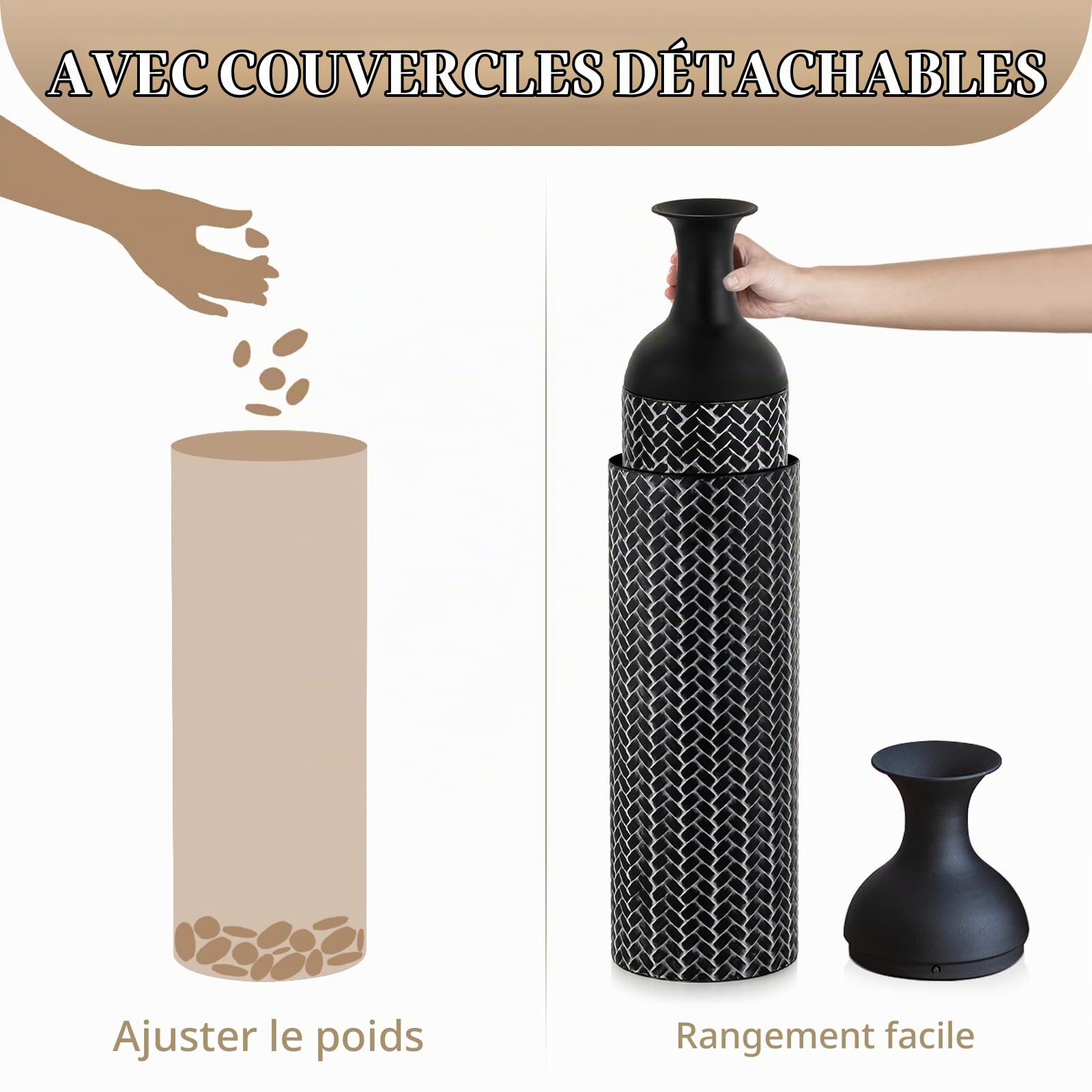 Sziqiqi Métal Grand Vase a Poser au Sol: Noir Vase de Sol Rustique 3pcs