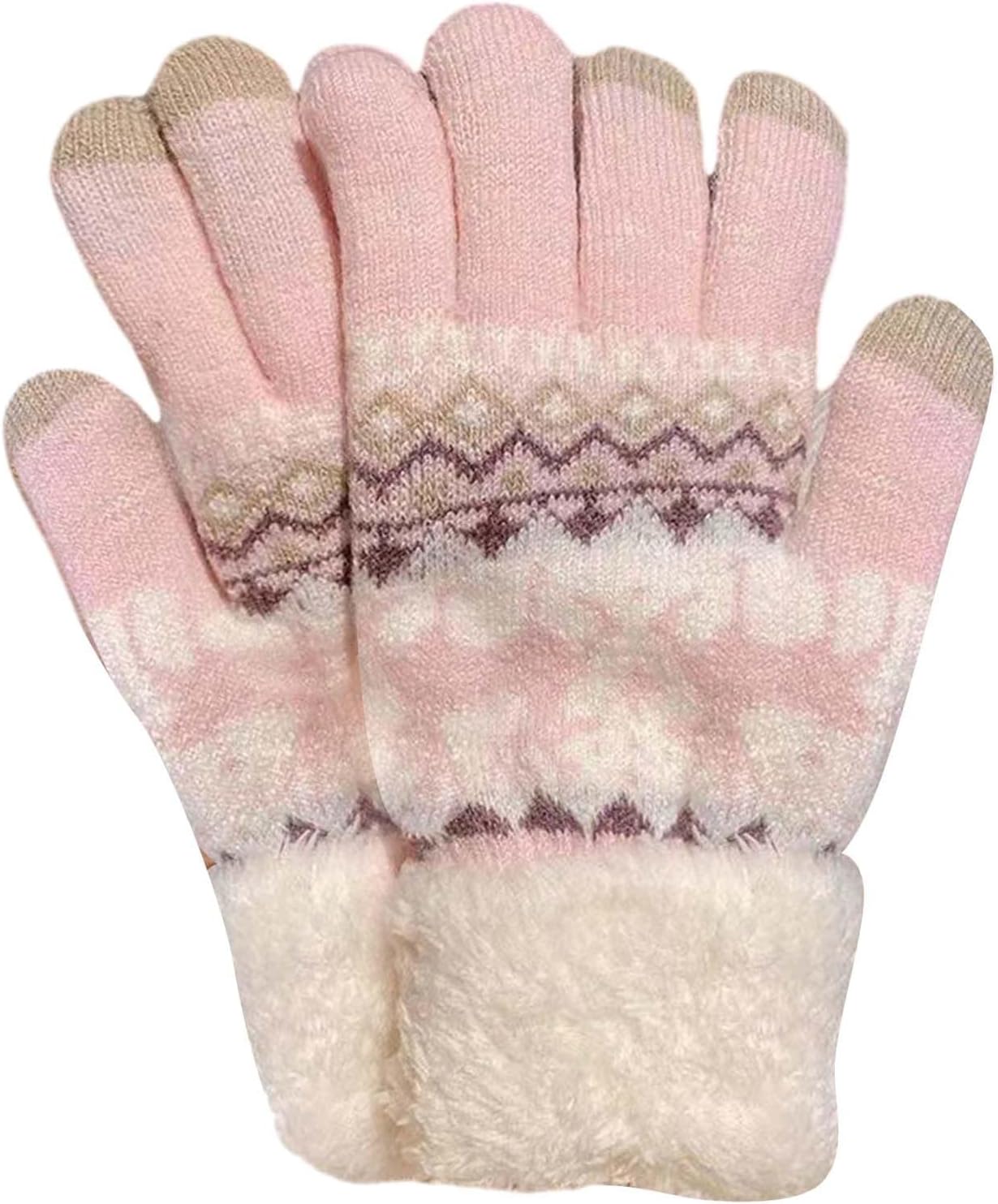 Women Thermal Touch Screen Gloves, Ladies Cute Floral Fairisle Knitted Fleece Lined Winter Thermal Gloves Women Thick Sherpa Lining Snow Knit Cold Weather Gift for Running Cycling Ourdoor Hot Pink