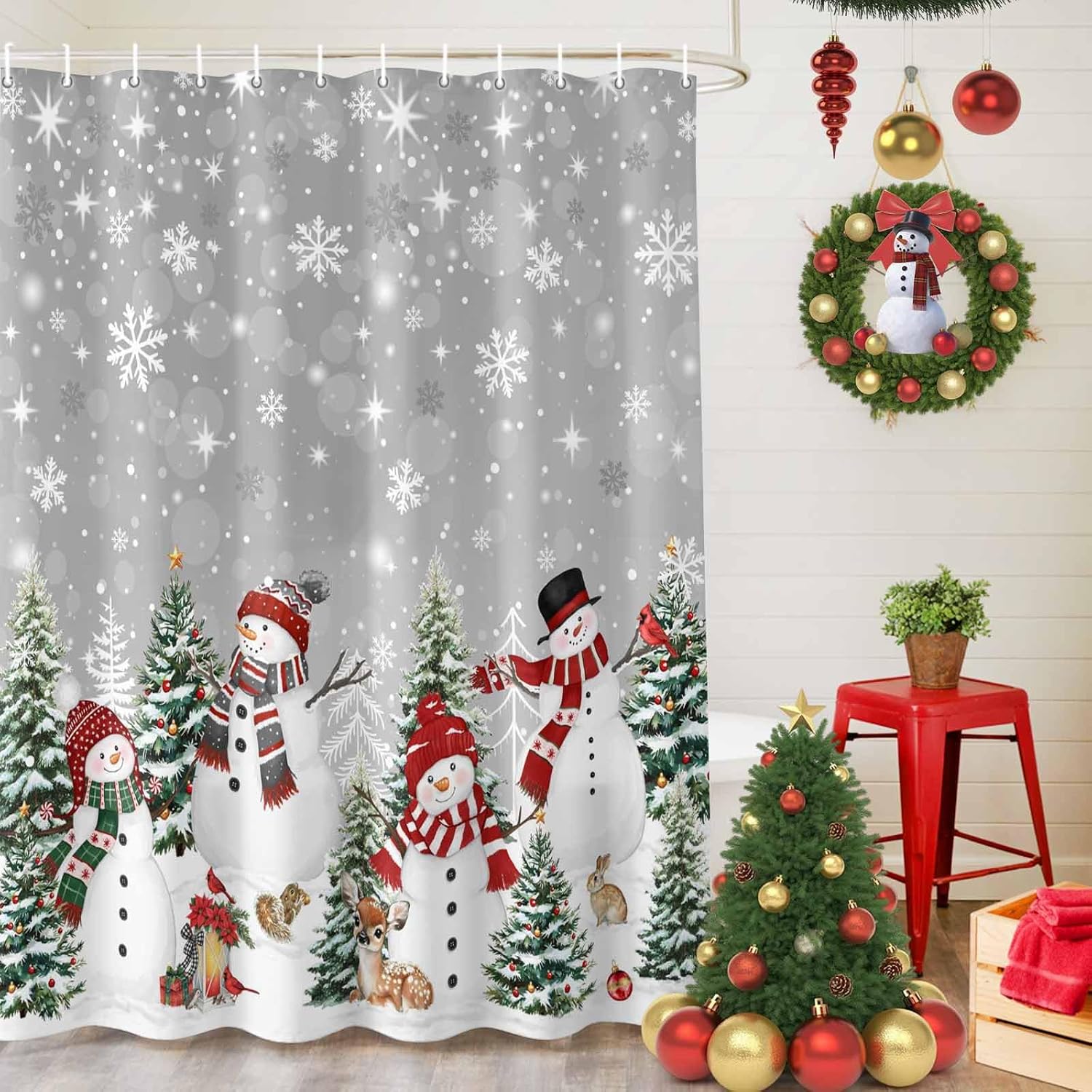 Grey Christmas Waterproof Shower Curtains Set - Extra Long Shower Curtain 72 x 96 Inch, Snowman Xmas Tree Snowflake Winter Polyester Fabric Bathroom Curtain with 12 Hooks, Bathroom Accessories