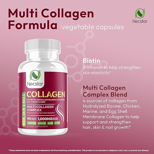 Miniatura 4 de Necstar Colágeno para mujeres y hombres con biotina, queratina, palma enana americana, ácido hialurónico, suplemento de colágeno para cabello