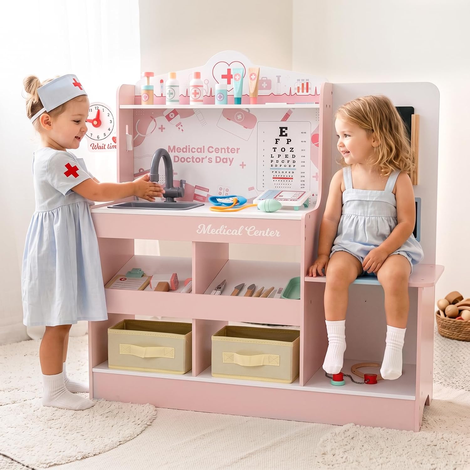 INFANS Kids Doctor Playset, Wooden Pretend Medical Station Activity Center Toy Set with 26 Interactive Veterinarian Accessories, Nurse Uniform X-Ray Film Stethoscope ECG Monitor for Toddler