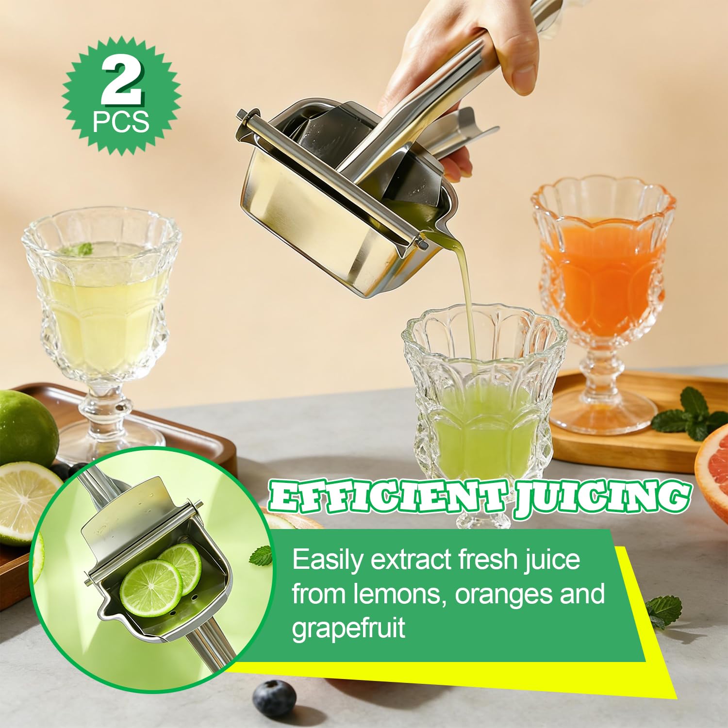 2 Piezas Acero Inoxidable 304 Exprimidor Limon Exprimidor Manual Lemon Squeezer Principio de Palanca Exprimido Eficaz Facil de Limpiar para Limones Naranjas Limas Granadas y Otras Frutas | Acero inoxidable 304 | Mango ergonómico | compacto ahorra espacio