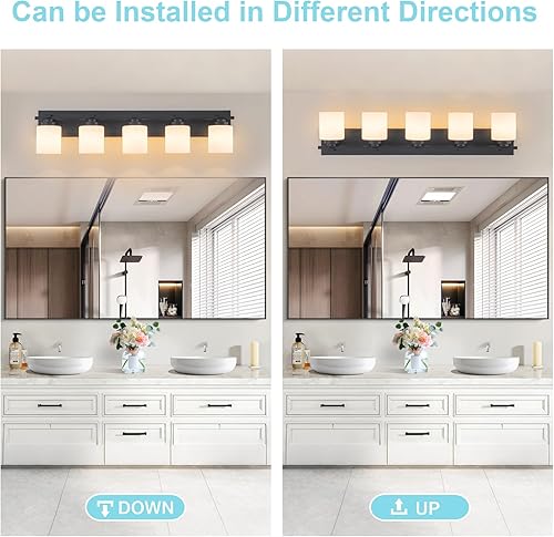 Miniatura 365 de 3 lámparas modernas de baño sobre el espejo, luces de tocador de oro negro para apliques de pared de baño con pantallas de vidrio blanco lechoso