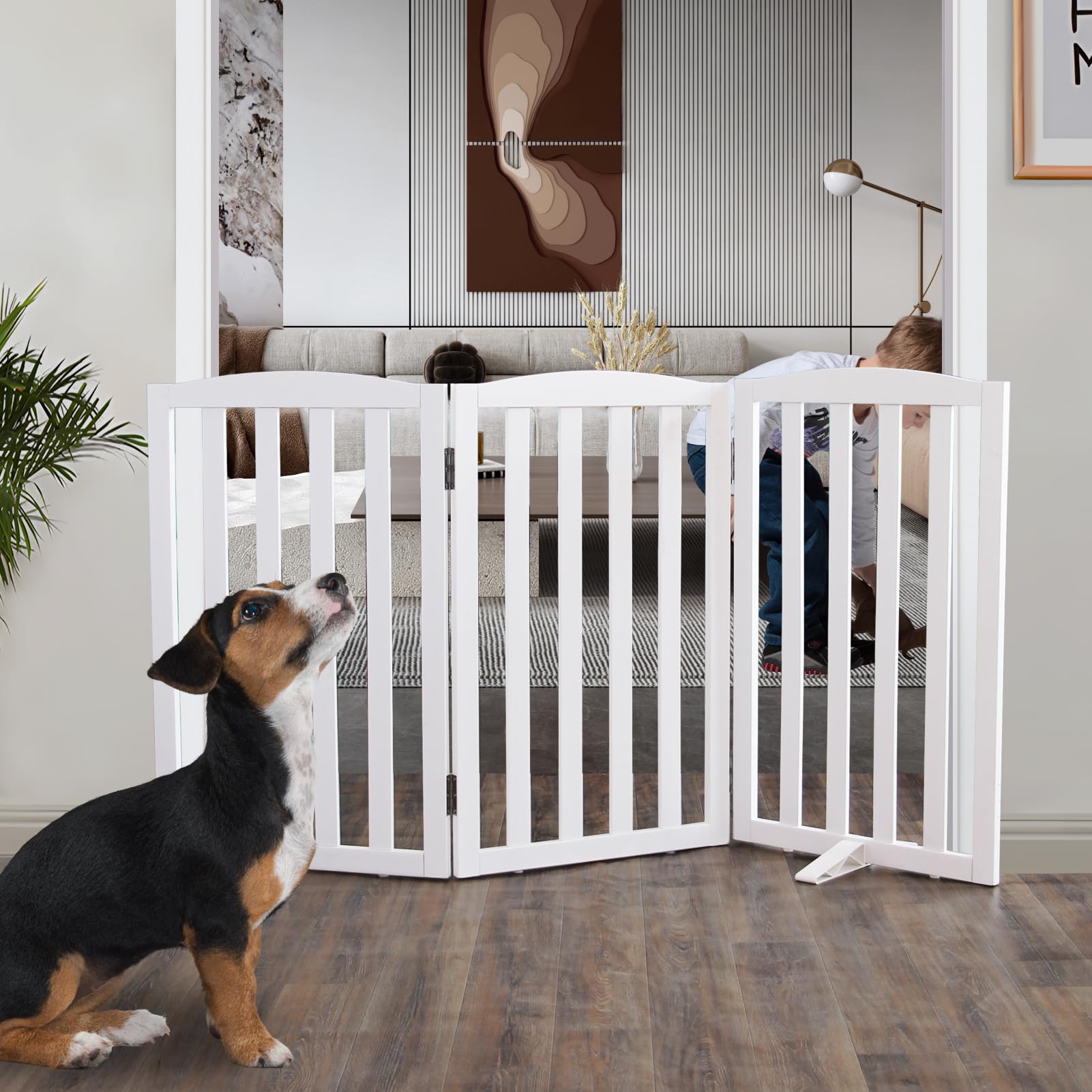 ZJSF Foldable Freestanding Indoor Dog Gate for House Wood White Long Pet Gates Dog Fence for Stairs Puppy Gates for Hallways,Dog Fence, Puppy Gate,Support Feet Included 32 "Height-3 Panels