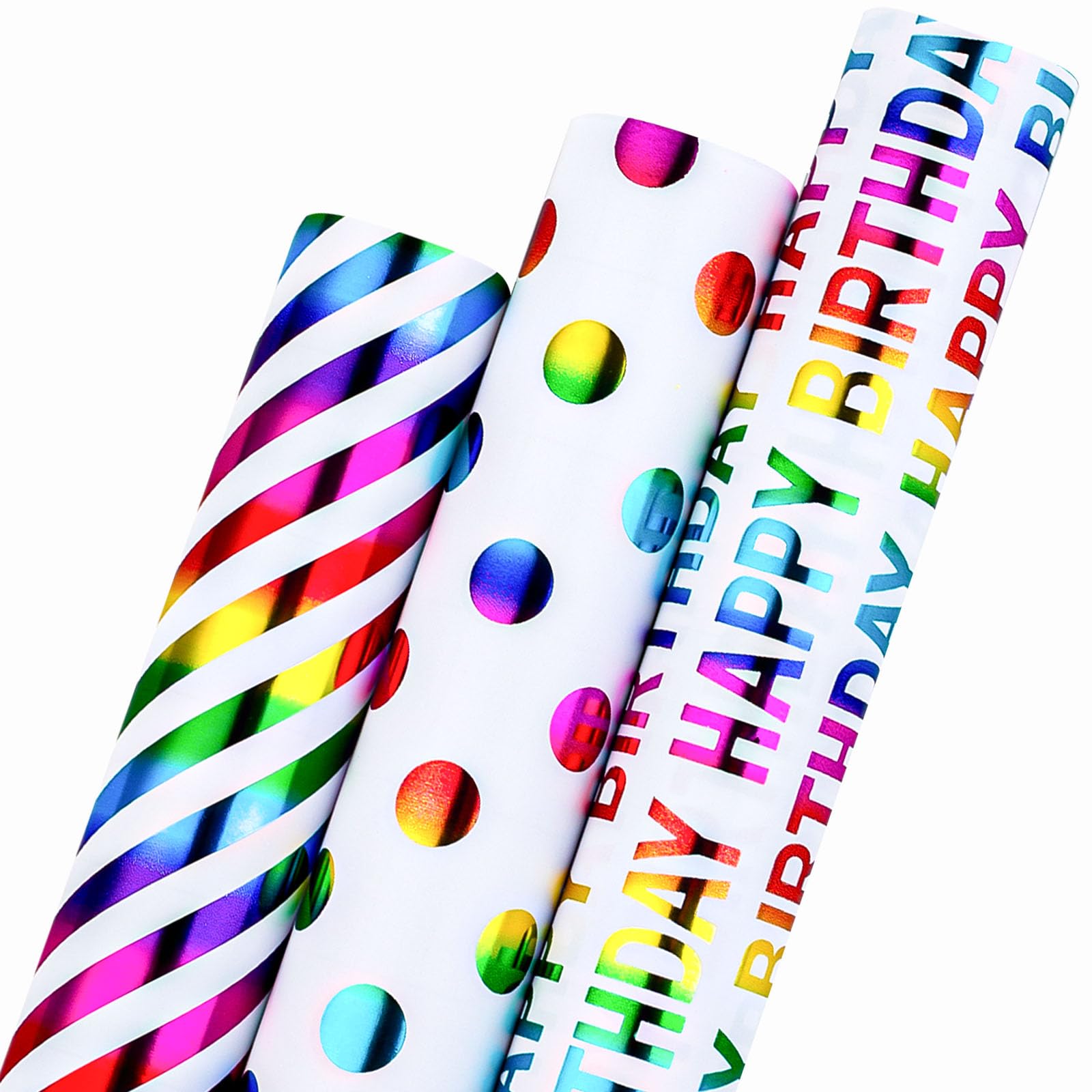 Wikadlik Geburtstags-Geschenkpapier, 3 Mini-Rollen, buntes Regenbogen-Geschenkpapier, Streifen/Punkte/Happy Birthday-Schriftzug, 43,5 cm x 3 m pro Rolle