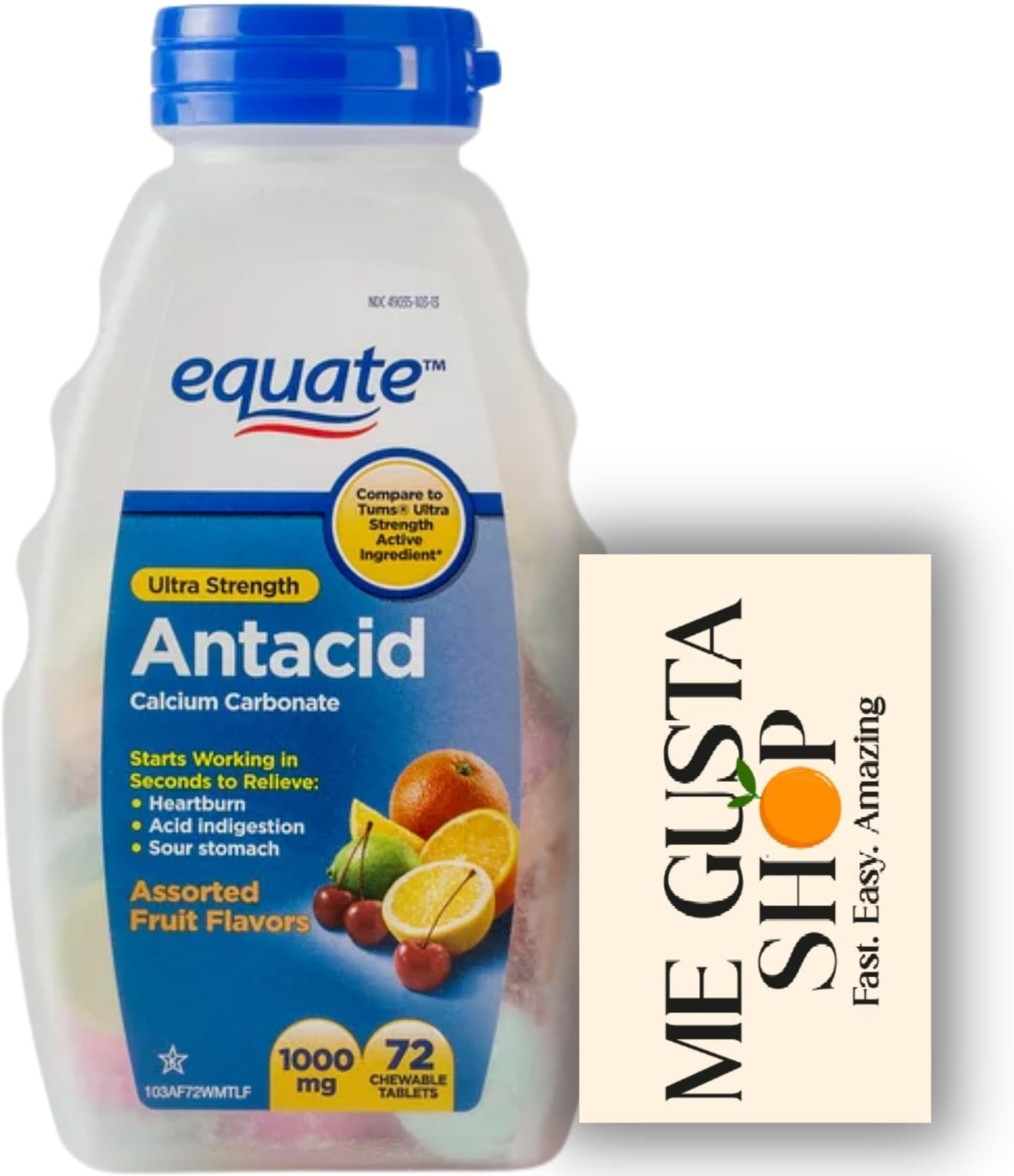 Equate Ultra Strength Antacid Chewable Tablets, 1000 mg Assorted Fruit Flavor, 72 Count + me Gusta Sticker