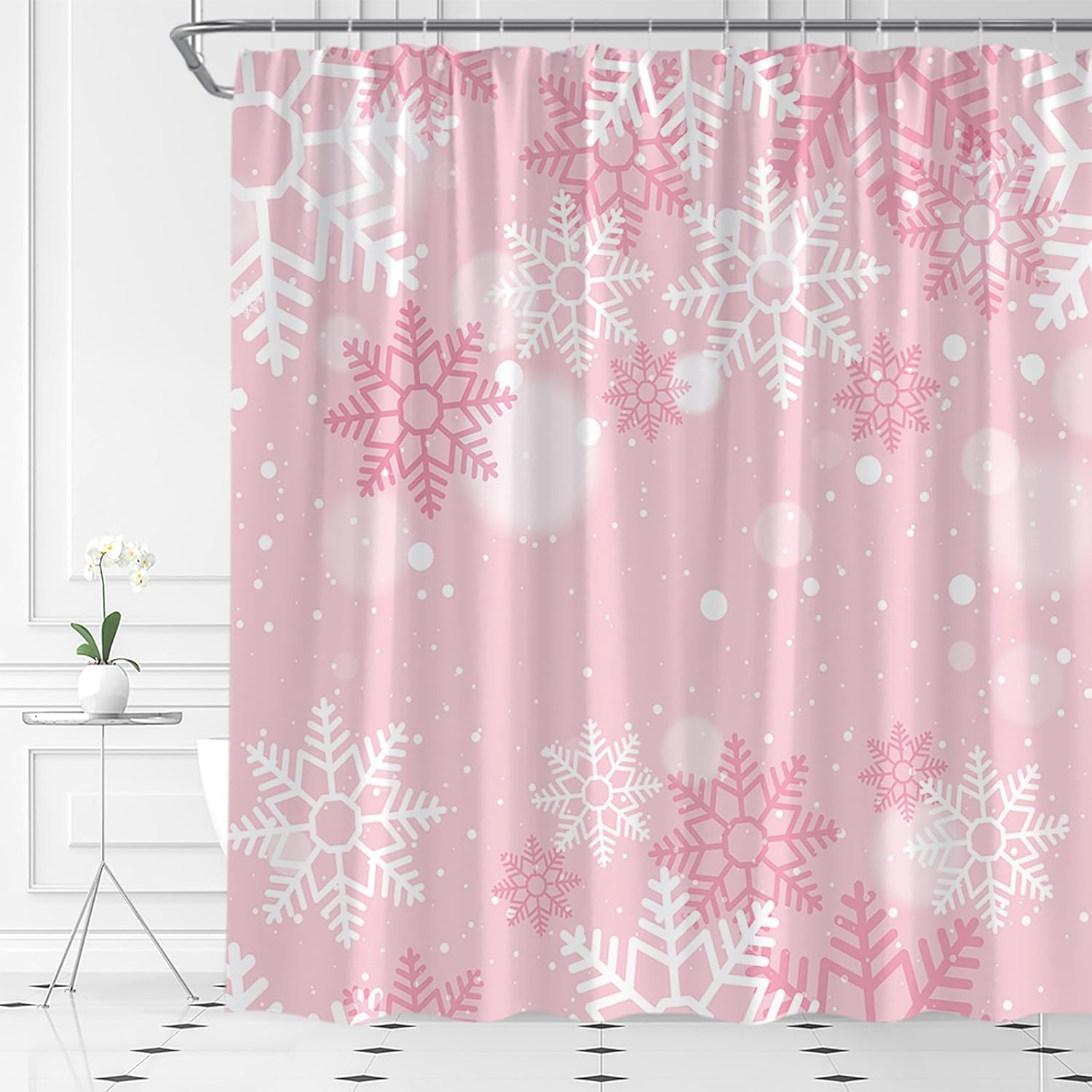 Christmas Snowflake Shower Curtain Pink Xmas Snowflake Winter Holiday Snowy Let it Snow Happy New Year Bathroom Curtain Fabric with Hooks(70" WX70 H) image 3