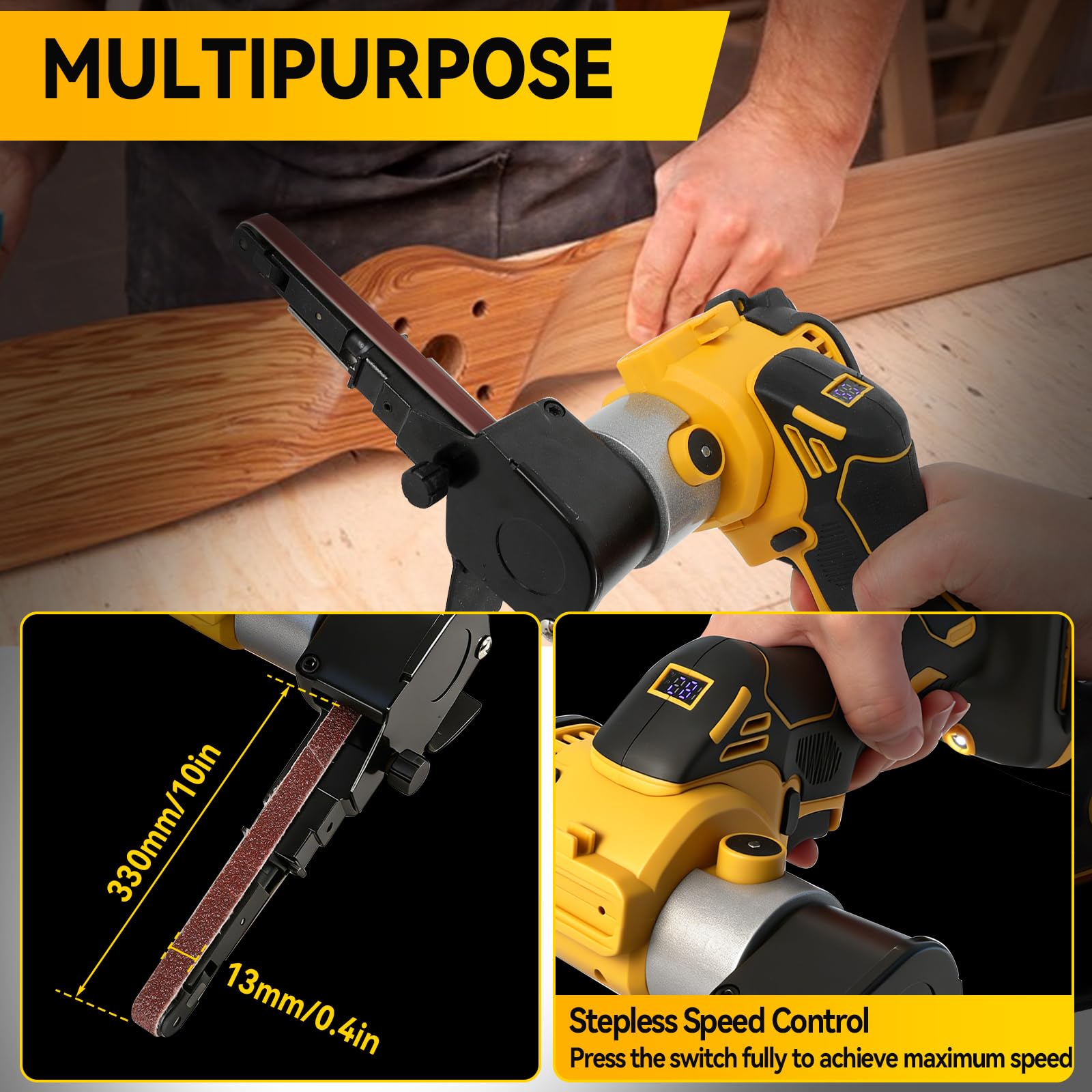 Akku Bandschleifer Kompatibel mit Dewalt 18/20V, 13.000 U/min Bürstenloser 360° Einstellbarer Akku Bandfeile mit Schleifarme 9 mm&13 mm, 20 Schleifbänder für Holz Metall Kunststoff