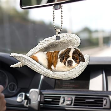 Talataca St. Bernard Sleeping Angel Wing Memorial Dog 2D Flat Car Rear View Mirror Accessories Christmas Tree Ornament Decoration Hanging Charm Interior Rearview Pendant Decor Gift