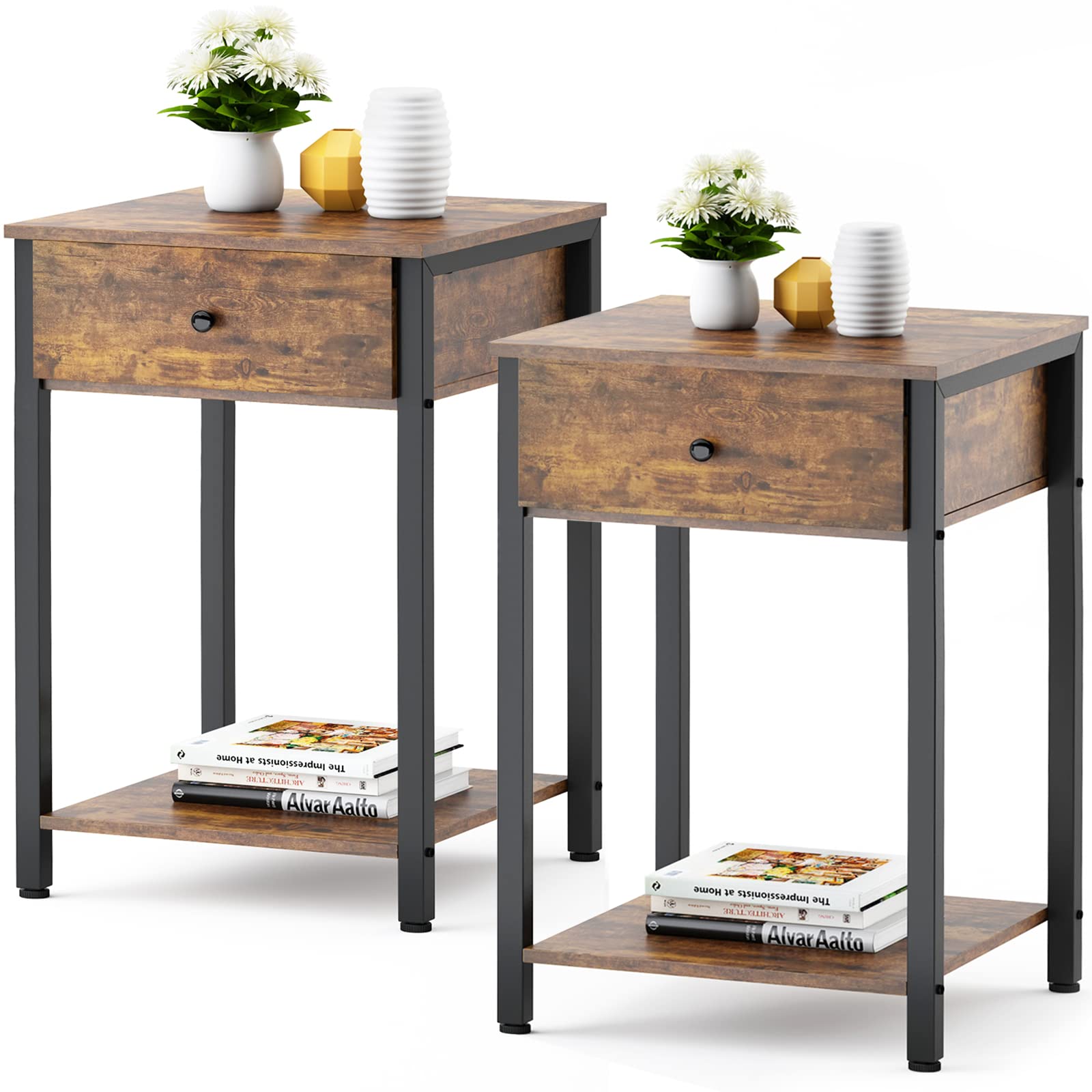 Ecoprsio Nightstand Set of 2 Industrial End Table Side Table with