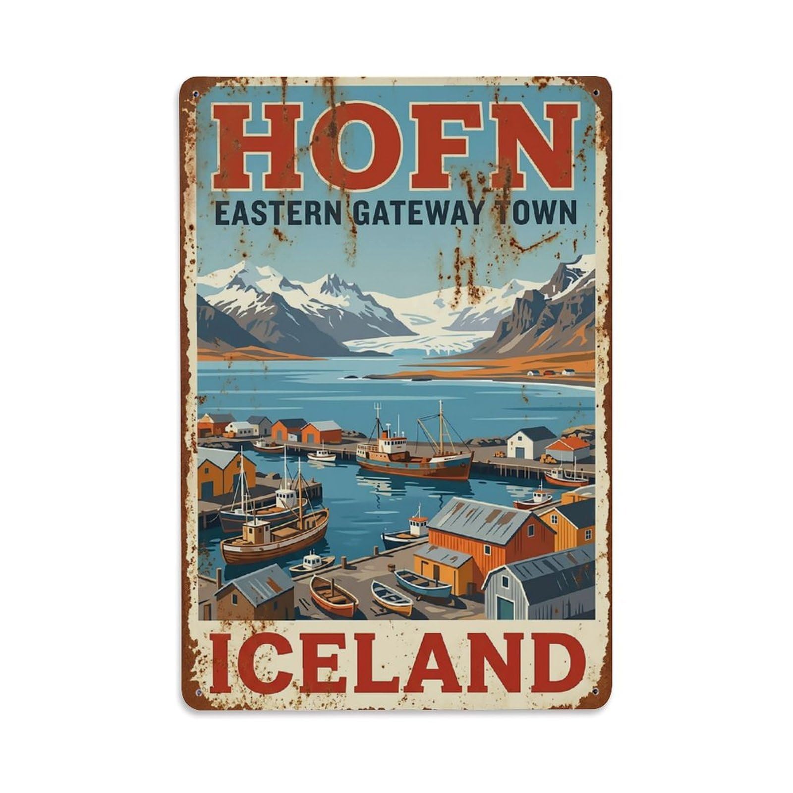 Vintage Travel Hofn Iceland Gateway Metal Tin Sign