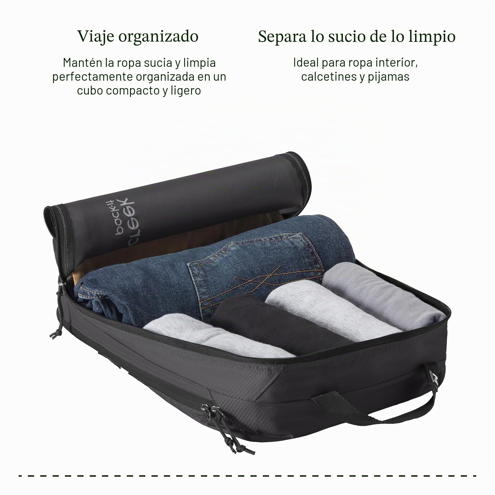 Eagle Creek Pack-It - Cubo de embalaje aislado limpio/sucio, cubos de embalaje de doble compartimento para optimizar el espacio del equipaje, ligero, tela reciclada, lavable, mediano, color negro