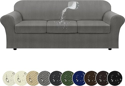 Miniatura 19 de Funda para sofá 100% impermeable, juego de 4 piezas, funda de sofá a rayas para sofá de 3 cojines, con parte inferior de TPU a prueba de fugas