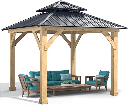 Miniatura 8 de Tangkula Cenador para exteriores de 10 x 10 pies, refugio permanente de madera de cedro con parte superior de acero galvanizado de 2 niveles,