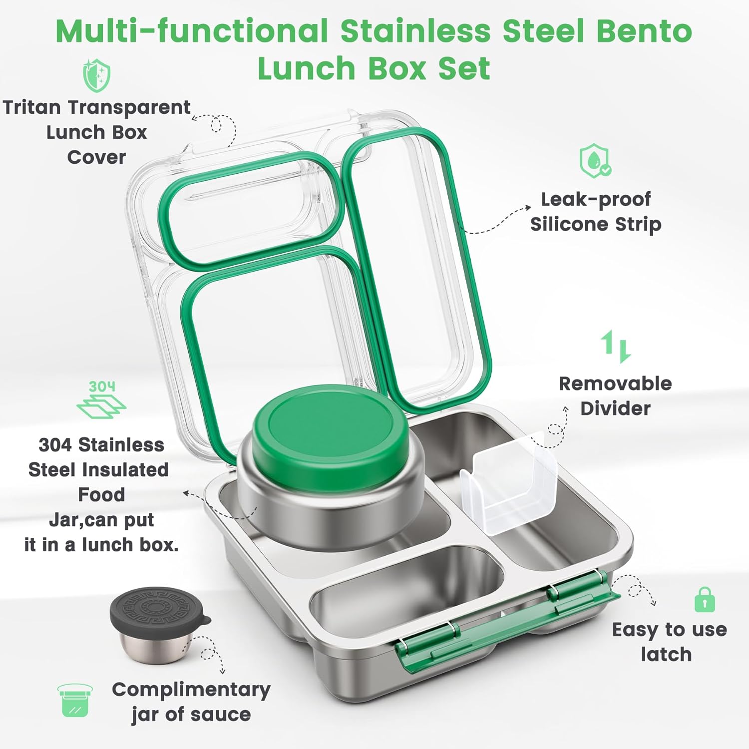 Stainless Steel Bento Box Kids Adult with 7oz Soup Thermo, Transparent Lid 3 Compartments Metal Bento Lunch Box with Insulated Food Jar,Lunch Box Container Sauce Cup for School,BPA-Free(Green)