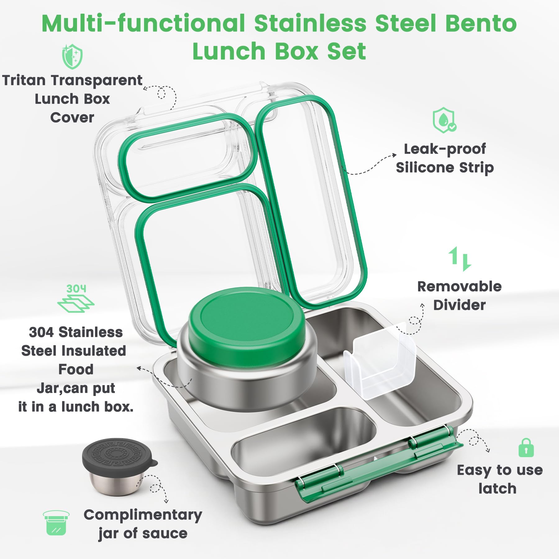 Itslife Bento Lunch Box Adulti Bambini in Acciaio Inox con 200ml Contenitore Termico per Alimenti, Porta Pranzo 3 Scomparti con Contenitore per Salse, per Lavoro Picnic Ufficio, senza BPA, Verde