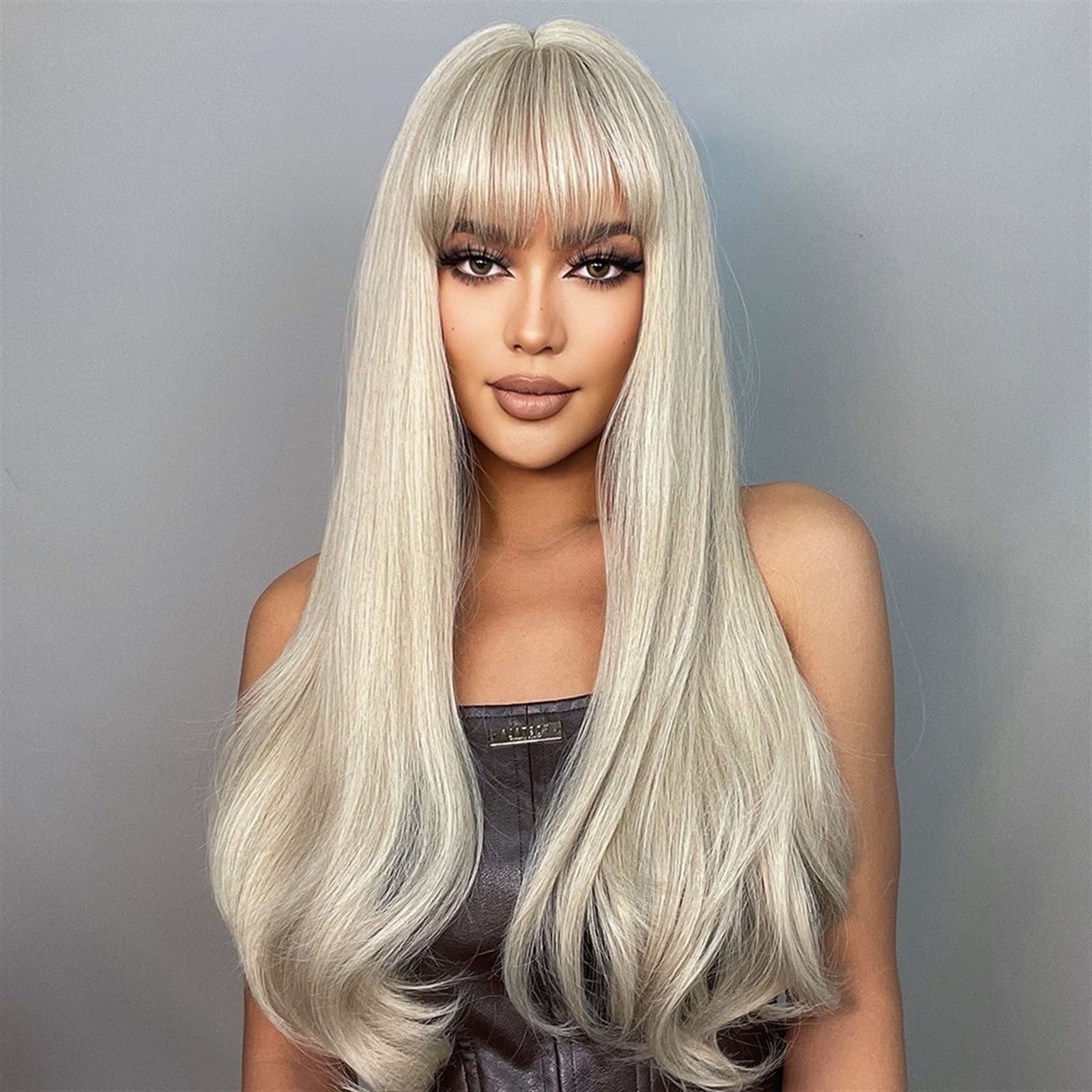 Human Hair Wigs Parrucca Parrucche lunghe ondulate naturali for donna, parrucca bionda platino da 24 pollici con frangia Parrucca sintetica resistente al calore for cosplay di feste quotidiane Natural