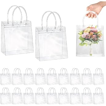 Transparent Gift Bags Pack of 20 20 x 20 x 8 cm Reusable Clear Wedding Carrier Bags Waterproof Transparent Gift Bags for Party Gifts