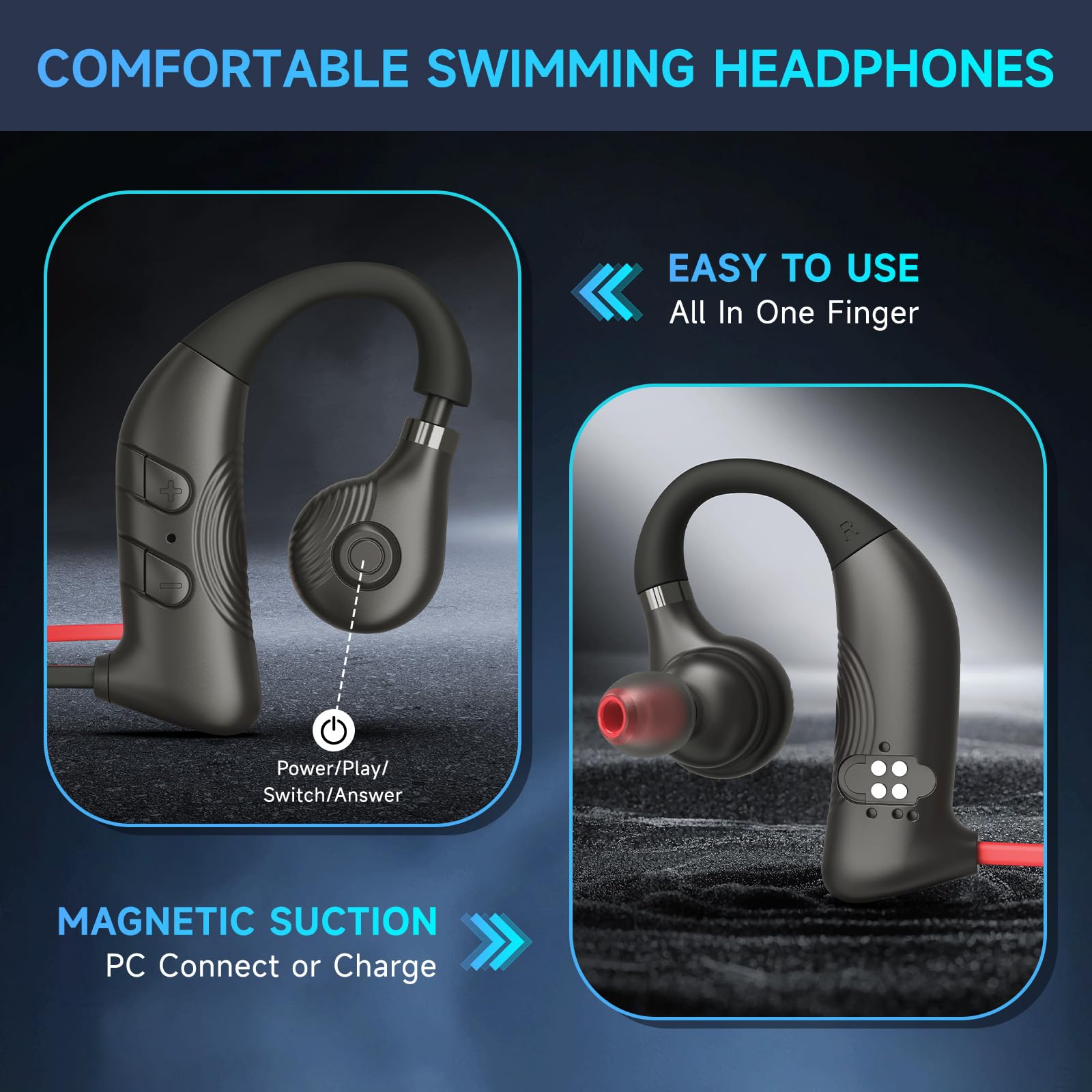 Auricolari impermeabili IPX8 per nuoto, cuffie subacquee con lettore MP3 e Bluetooth, suono HiFi e cancellazione del rumore, design in-ear per nuoto, corsa e ciclismo (8 GB)