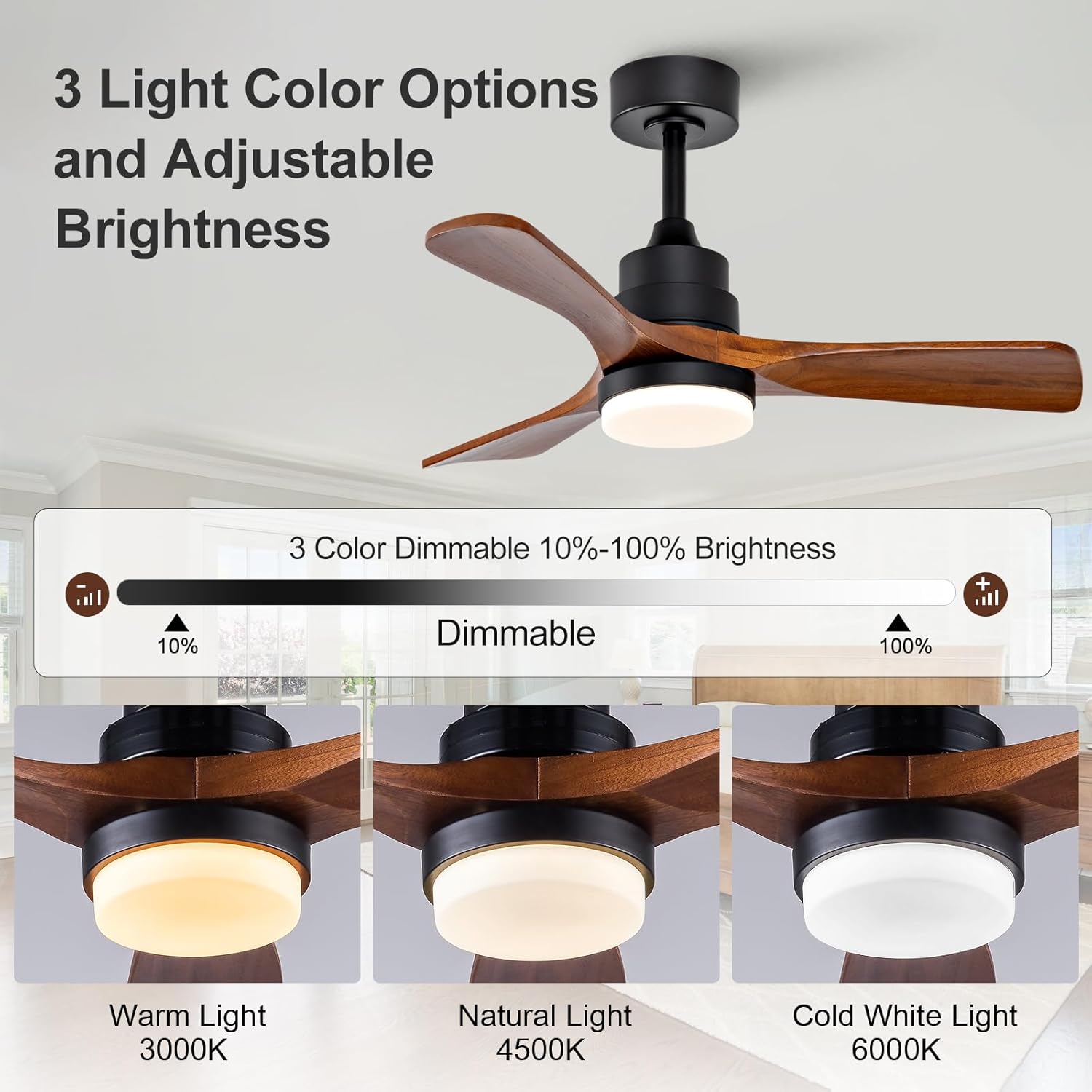 36 Inch Outdoor Ceiling Fans with Lights and Remote Control, Dimmable 3 Blades Wood Outdoor Ceiling Fans for Patios Black Walnut Wood Bedroom Ceiling Fan with Light, Wall Switch