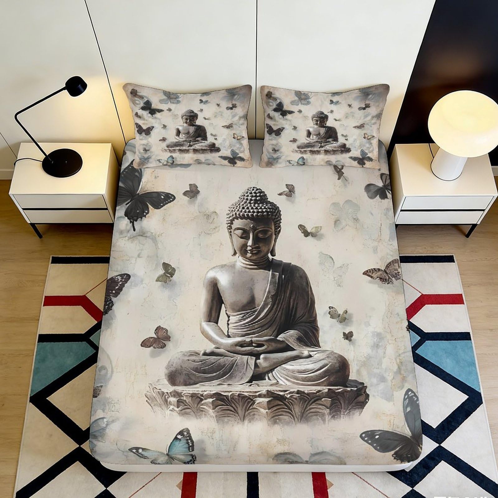 3D Printed Buddha Statue Fitted Sheet Microfiber Non-Slip Butterfly Zen Mattress Cover Bedroom Protector Decor 200x200x25cm