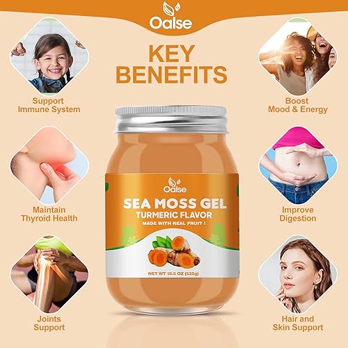 Miniatura 3 de OALSE Gel de musgo marino irlandés de 18.5 onzas con sabor a cúrcuma, gel orgánico de masa marina con 92 minerales y vitaminas, sin OMG, sin gluten,