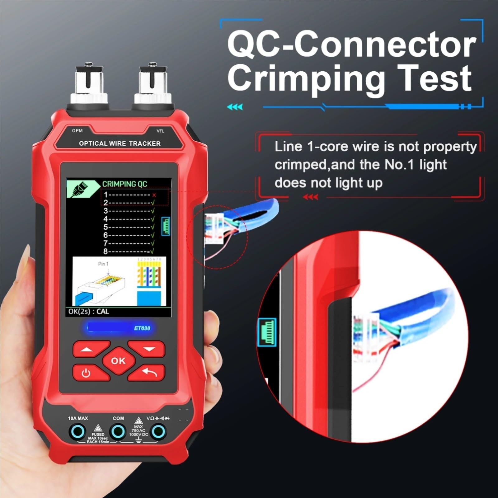 Tester per cavi di rete, Tester for cavi di rete 4 in 1 Misuratore potenza in fibra ottica multifunzione Localizzatore visivo guasti Monitoraggio della linea LAN senza rumore(ET638)