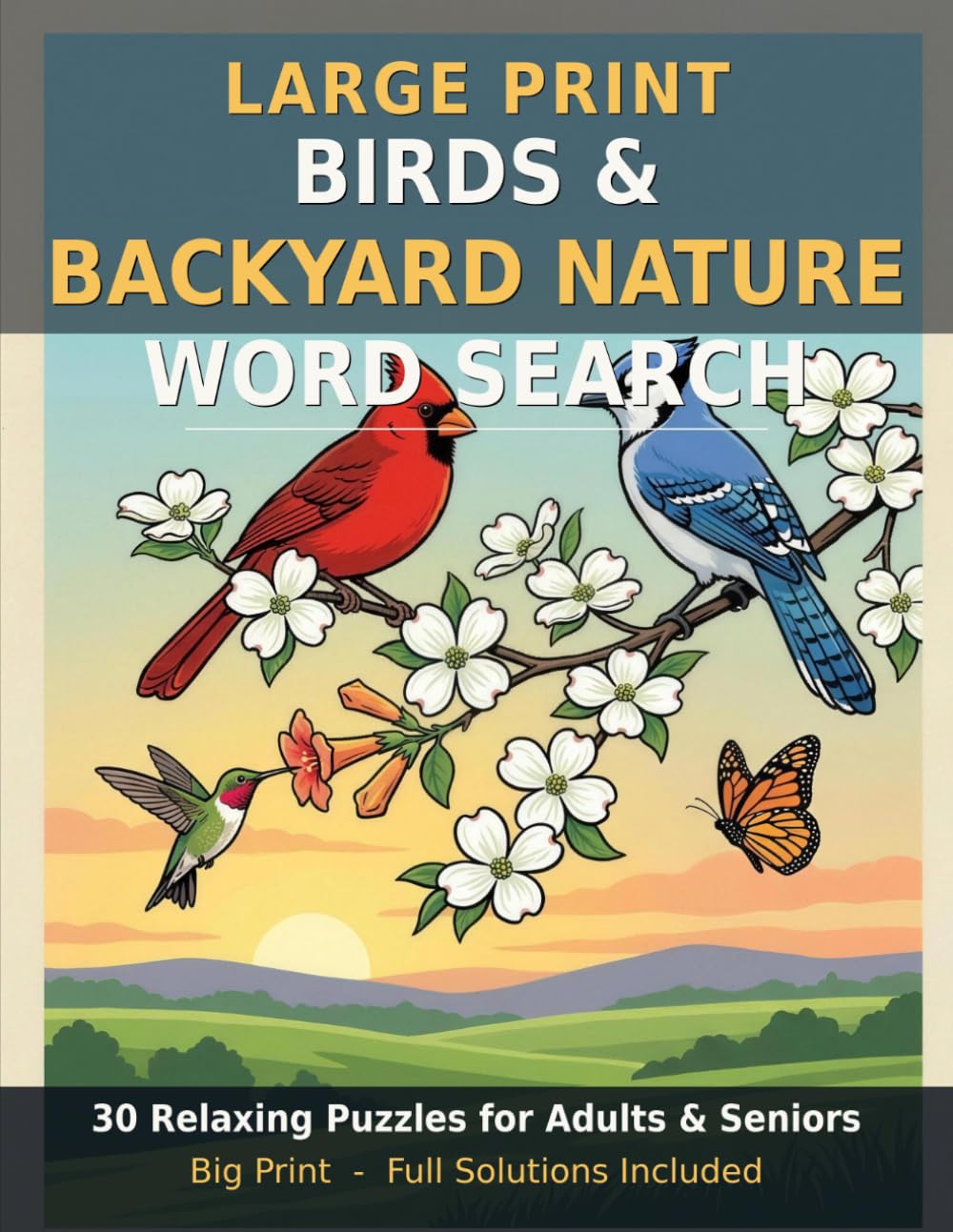 Large Print Birds & Backyard Nature Word Search: 30 Relaxing Large Print Puzzles for Adults & Seniors - Songbirds, Owls, Butterflies & Garden Blooms