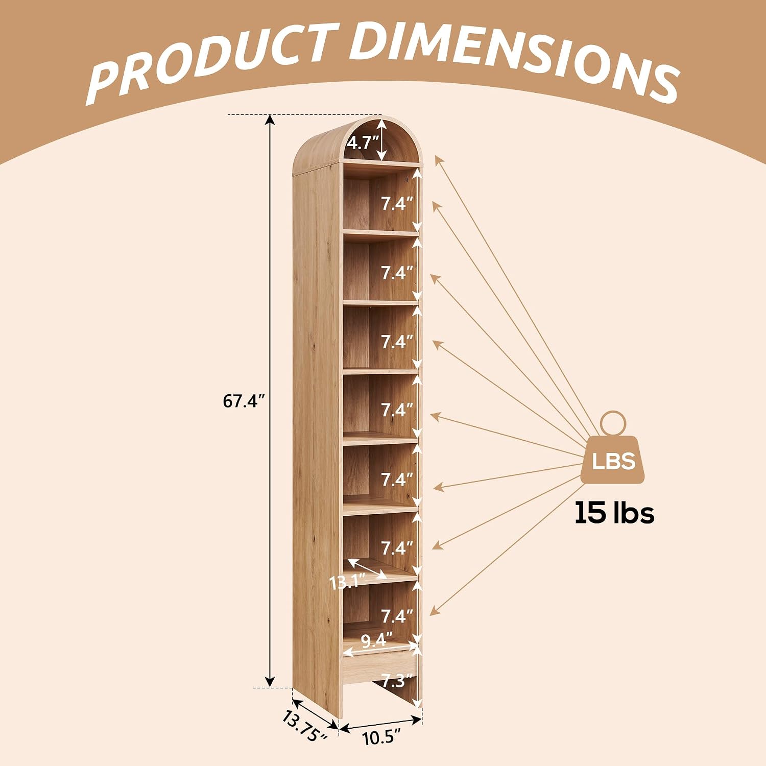 IFBUY 67" Tall Arched Shoe Cabinet, 8 Tiers Shoe Storage Cabinet, Freestanding Wooden Shoe Rack with Adjustable Shelves, Shoe Closet Shelf Organizer for Entryway, Hallway, Living Room-Natural