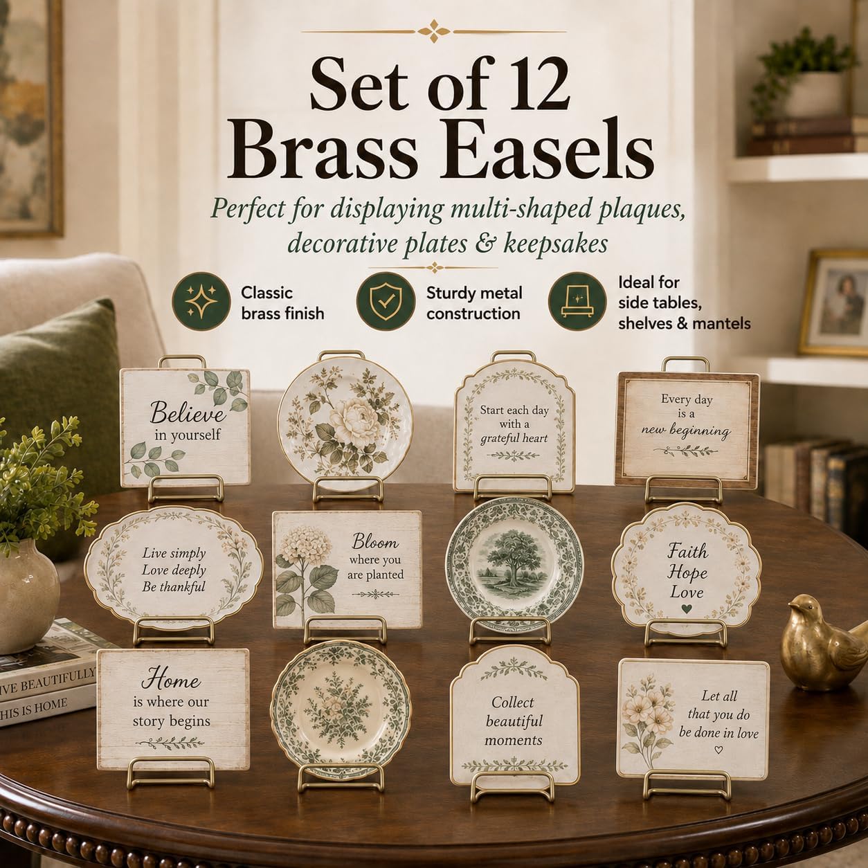 BANBERRY DESIGNS Wire Easel Display Stand Plate Holders, 3 Inch Smooth Brass Metal Display Easels for Plates, Photos, Small Frames, Books & Collectibles, Decorative Tabletop Display Stand, Pack of 12 image 4