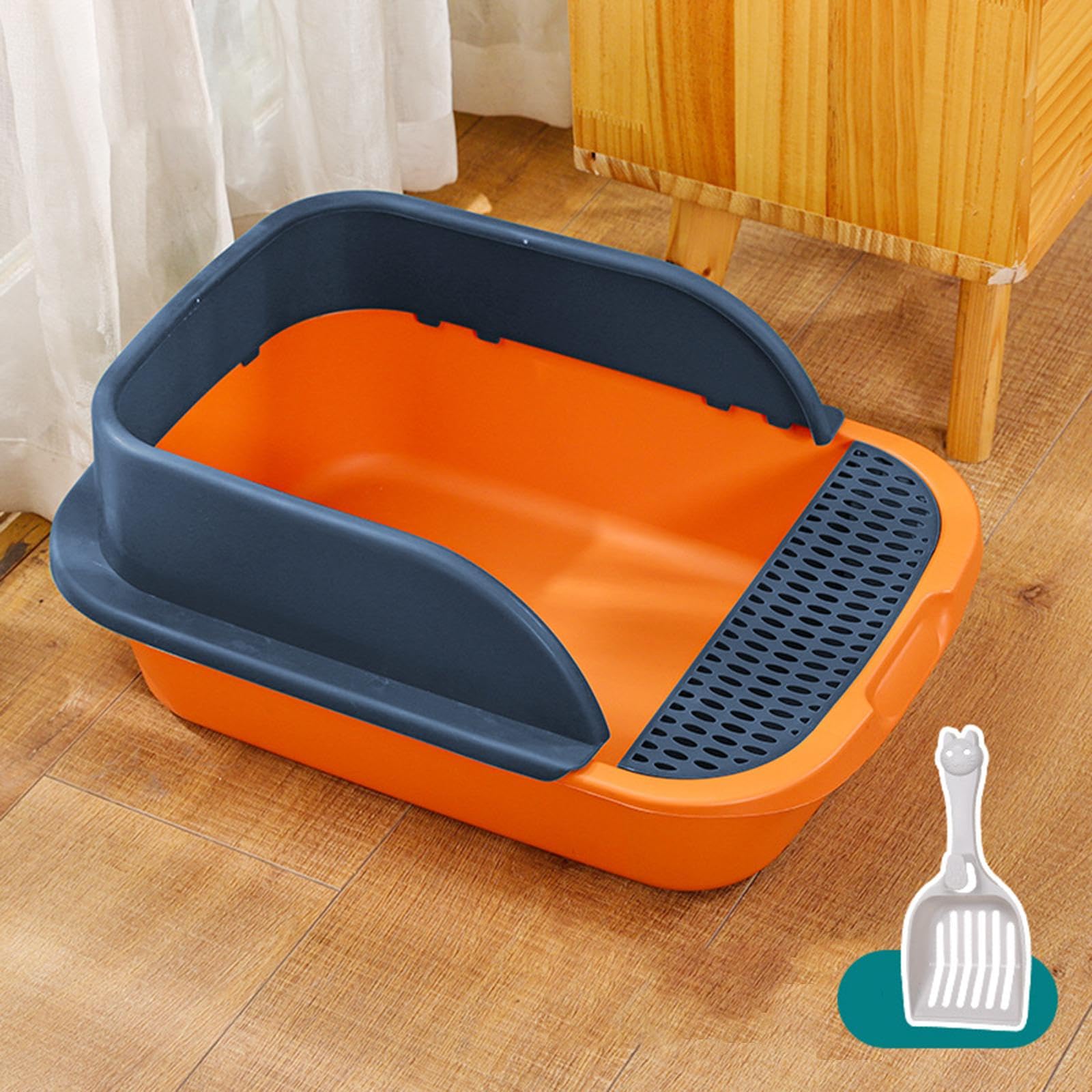 Bac à Litière pour Chat avec Couvercle et Cadre Ouverts pour Un Nettoyage Facile, Orange Bleu Foncé, Grand
