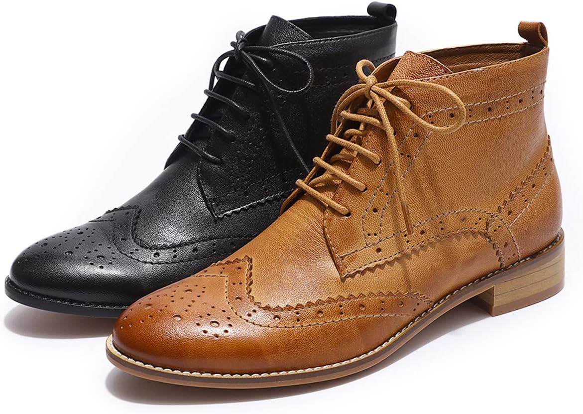 Mona flying Women's Comfort Leather Lace-up Oxfords Brogue Boots Ankle High Fashion Tie up Booties Low Heel Combat Boots - Image 9