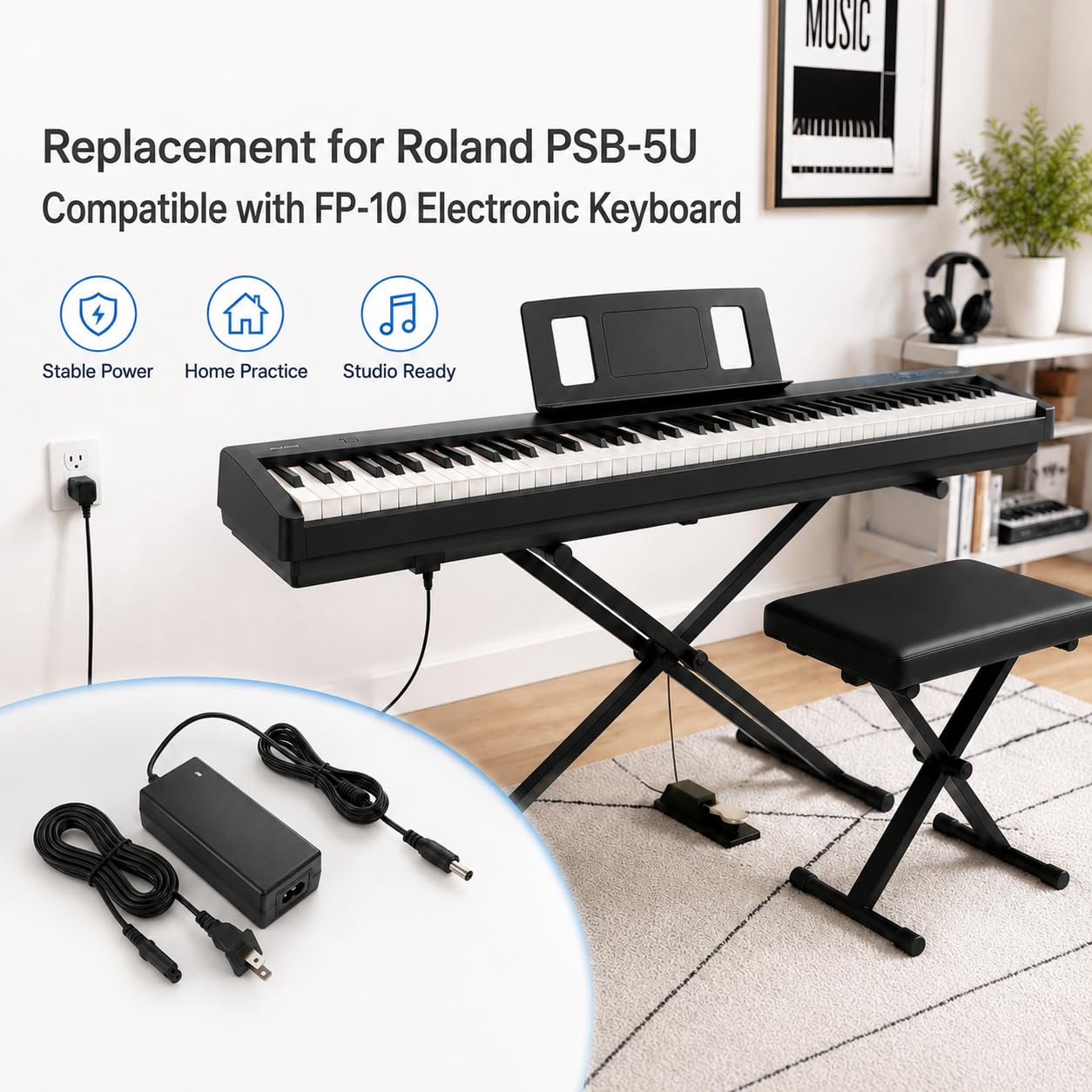 Zasilacz 12 V DC stosuje się do Roland PSB-5U do FP-10 cyfrowy pianino przewód zasilający zasilacz sieciowy, kabel zasilający 6,5FT ładowarka do klawiatury elektronicznej pianina cyfrowego