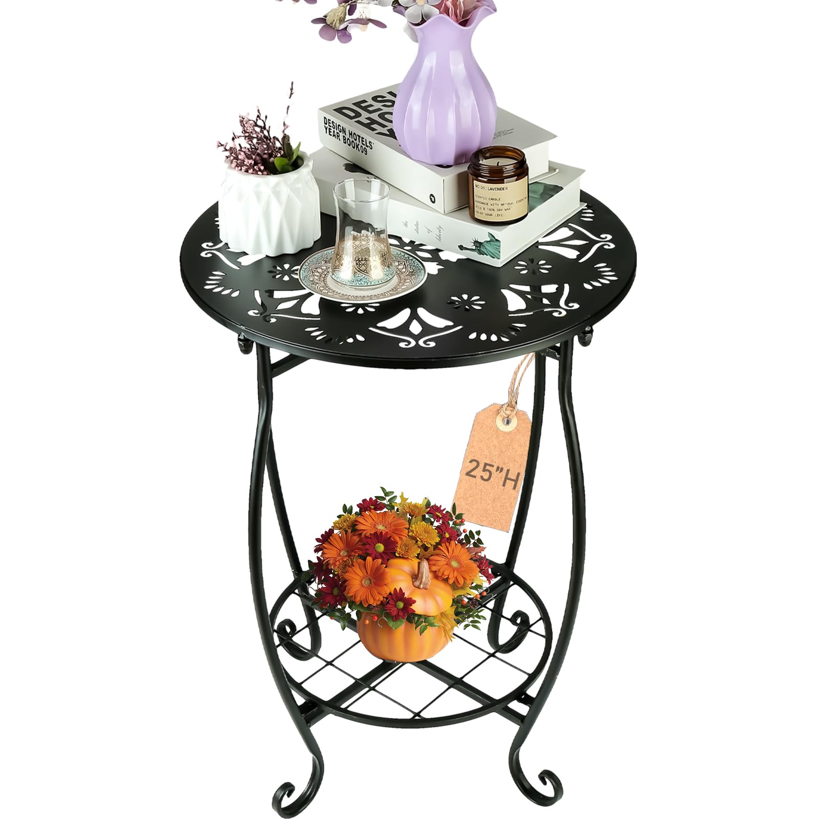 25 Inch High Patio Side Table, 18 Inch Wide Round Metal Side Table, Weather Resistant Anti-Rust Outdoor Side Table for Living Room Sofa Couch, Easy