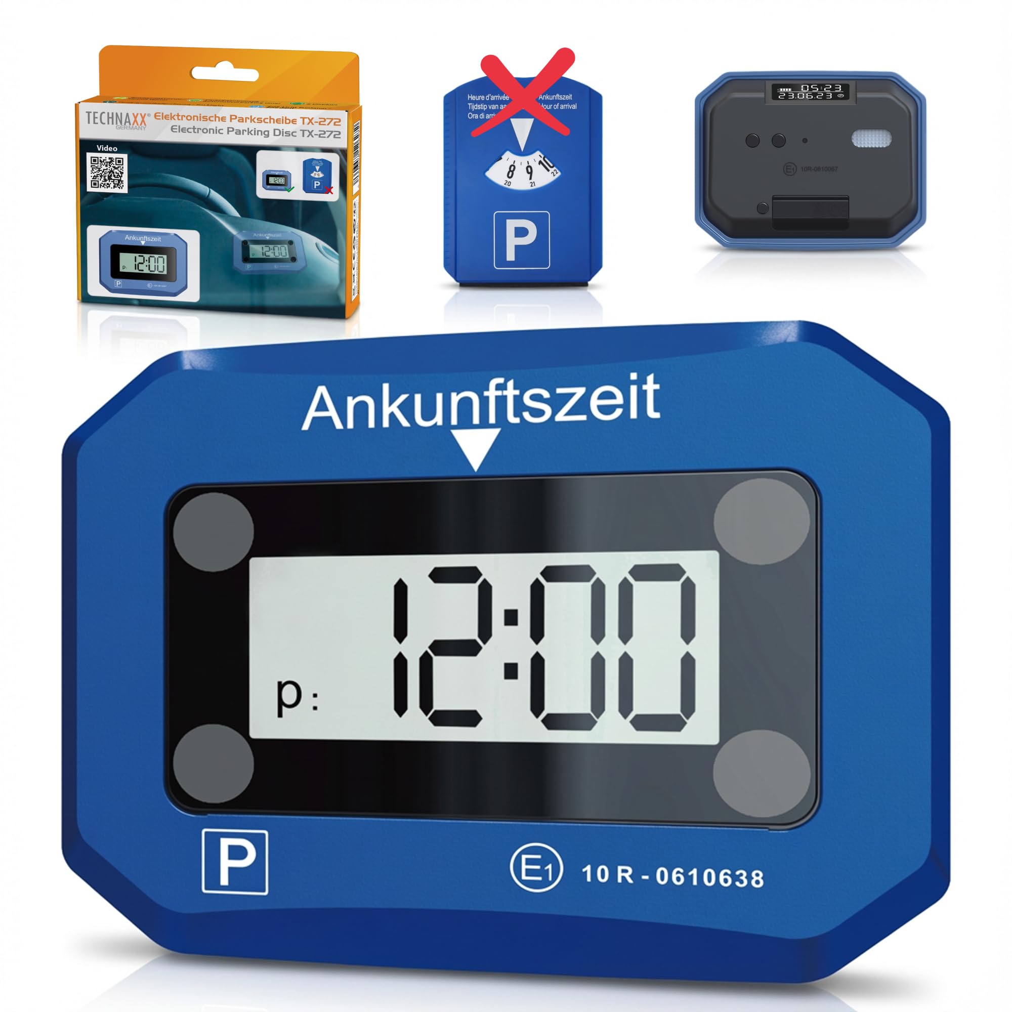 Technaxx elektronische Parkscheibe TX-272, automatische Digitale Parkuhr für das Auto mit Bewegungssensor, automatischer Zeiteinstellung, doppelt beleuchteten Displays, SOS-Licht, ECE-Lizenz