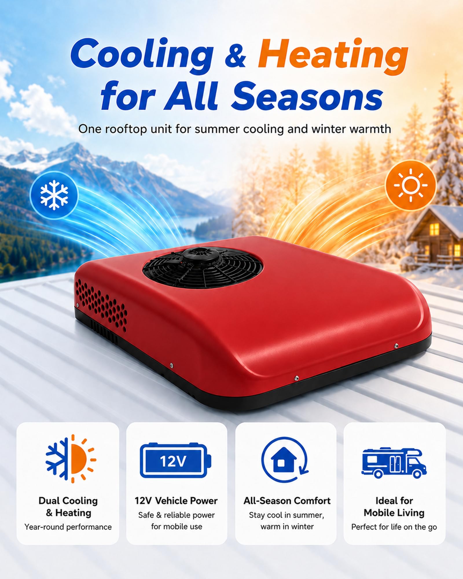 Klimatyzator Dachowy 12V/24V DC do Kampera i Ciężarówki, Grzanie Red-12V
