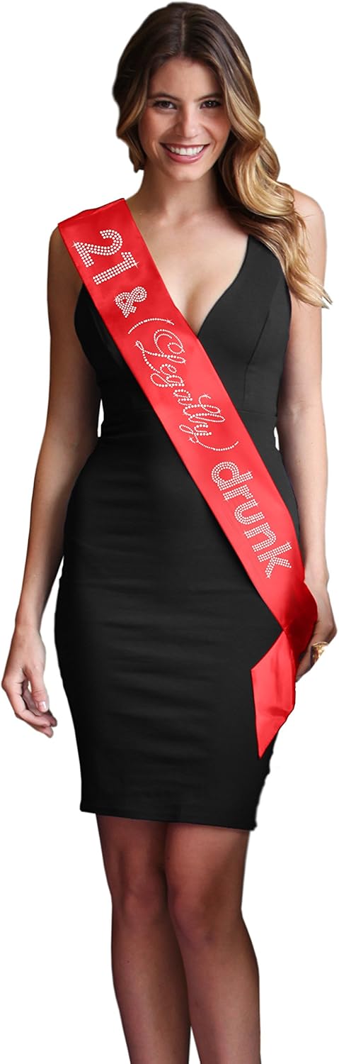 RhinestoneSash 21st Red, Silver Tiara Sash - Crystal 21 & Legally Drunk Red Satin Sash & Silver Tiara Headband Set - 21st Birthday Supplies & Decorations