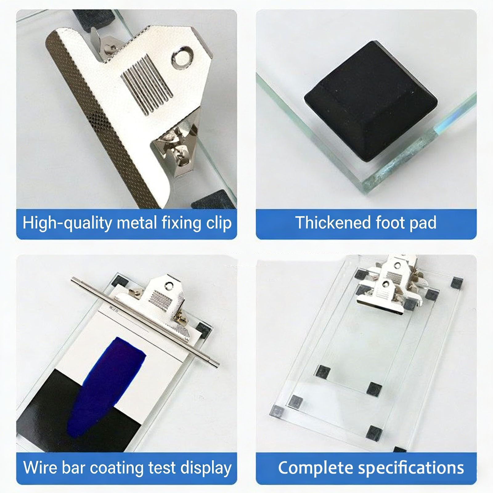 Plataforma de revestimiento de vidrio de laboratorio, placa preparadora de película húmeda, 8 mm de grosor con clip de metal, ideal para pruebas de revestimiento y aplicaciones de investigación