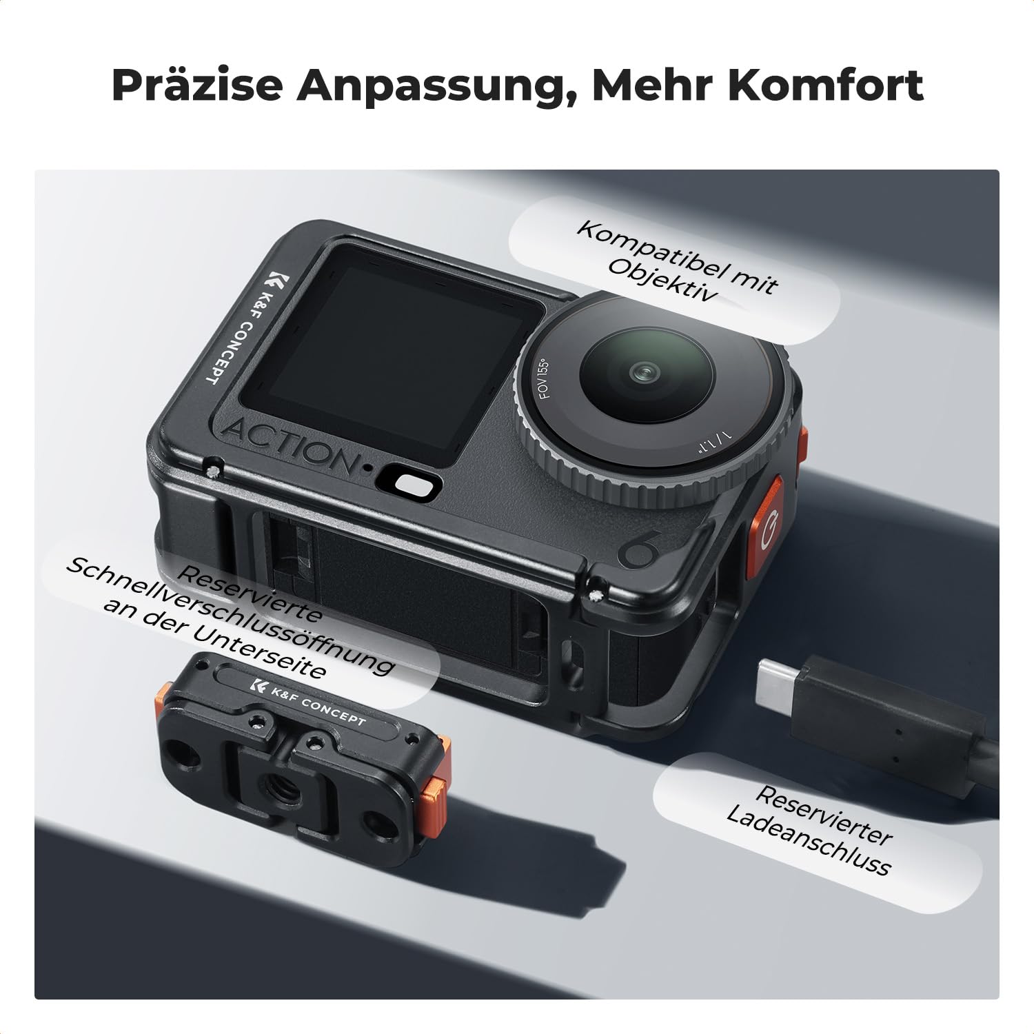 K&F CONCEPT Kamerakäfig für DJI Osmo Action 6, Aluminiumgehäuse Erweiterungsgehäuse mit Blitzschuhhalterung, Schutzgehäuse mit 1/4" Schraubenadapter für Stativ, Selfie-Stick, Kamera-Zubehör - 4
