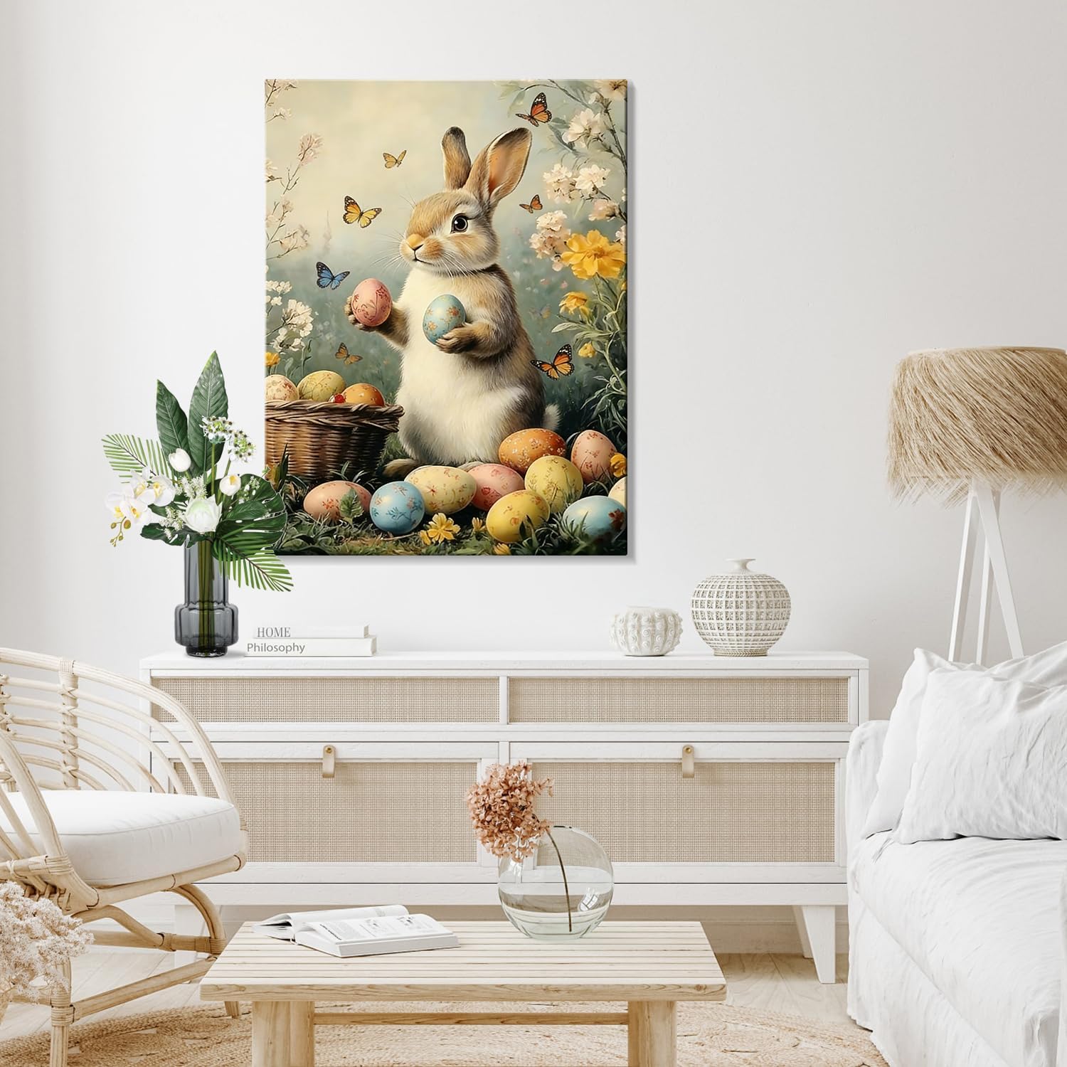 Easter Bunny Canvas Wall Art, Cute Rabbit and Easter Eggs Painting Prints, Vintage Farmhouse Spring Animal Picture, Modern Framed Easter Wall Decor for Bedroom, Living Room, Bathroom, Office 12×16In