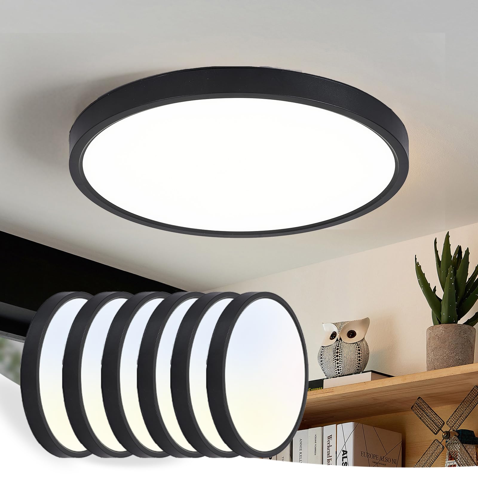 SADENICEL 12 inch Flush Mount Ceiling Light, LED Ceiling Light Fixture 24W 3000K/4000K/6000K Adjustable, 2400LM Ultra-Slim Round Kitchen Ceiling Lights for Bedroom, Closet,Office (6 Pack Black)